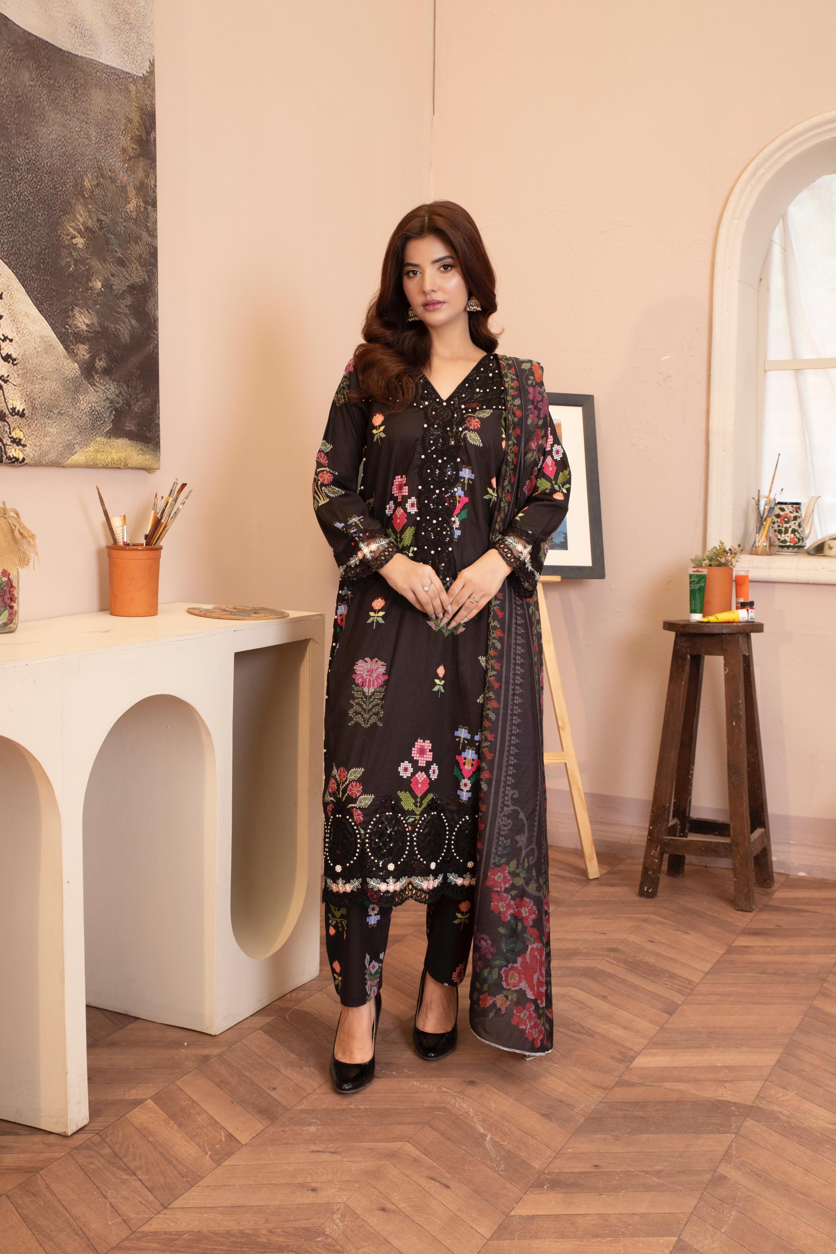 Embroidered Lawn Suit with Pearl Embellishment & Lawn Dupatta