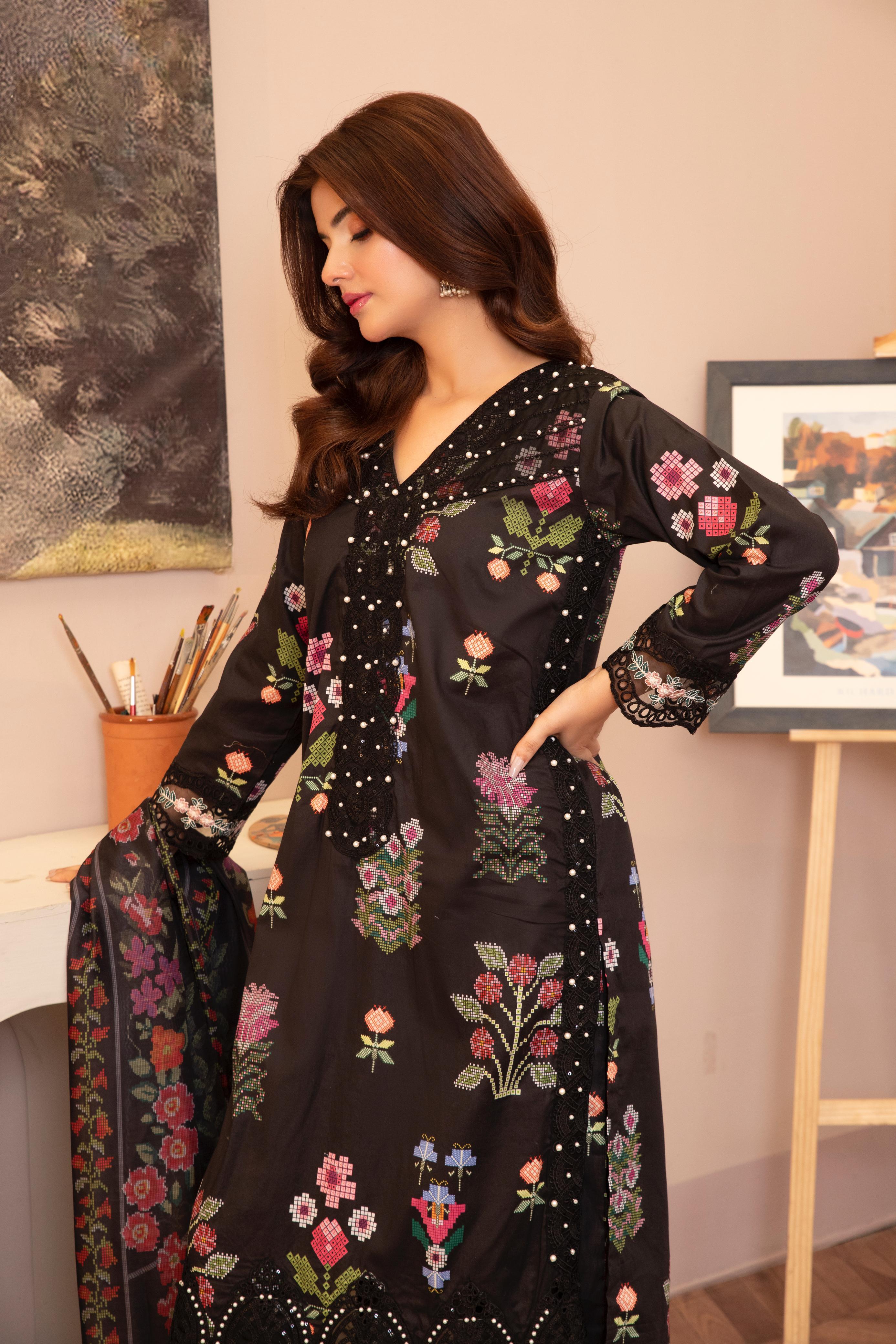 Embroidered Lawn Suit with Pearl Embellishment & Lawn Dupatta