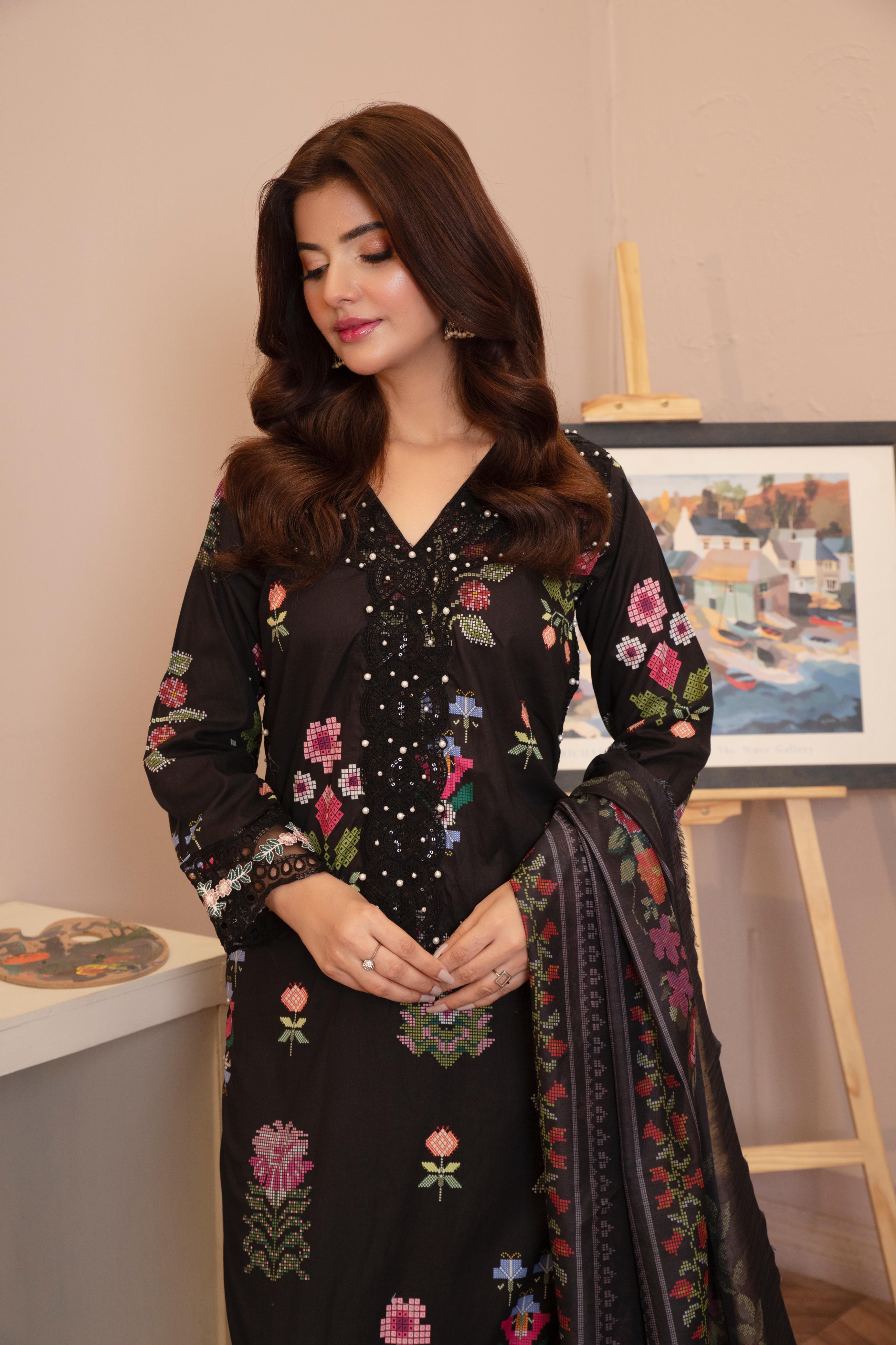 Embroidered Lawn Suit with Pearl Embellishment & Lawn Dupatta