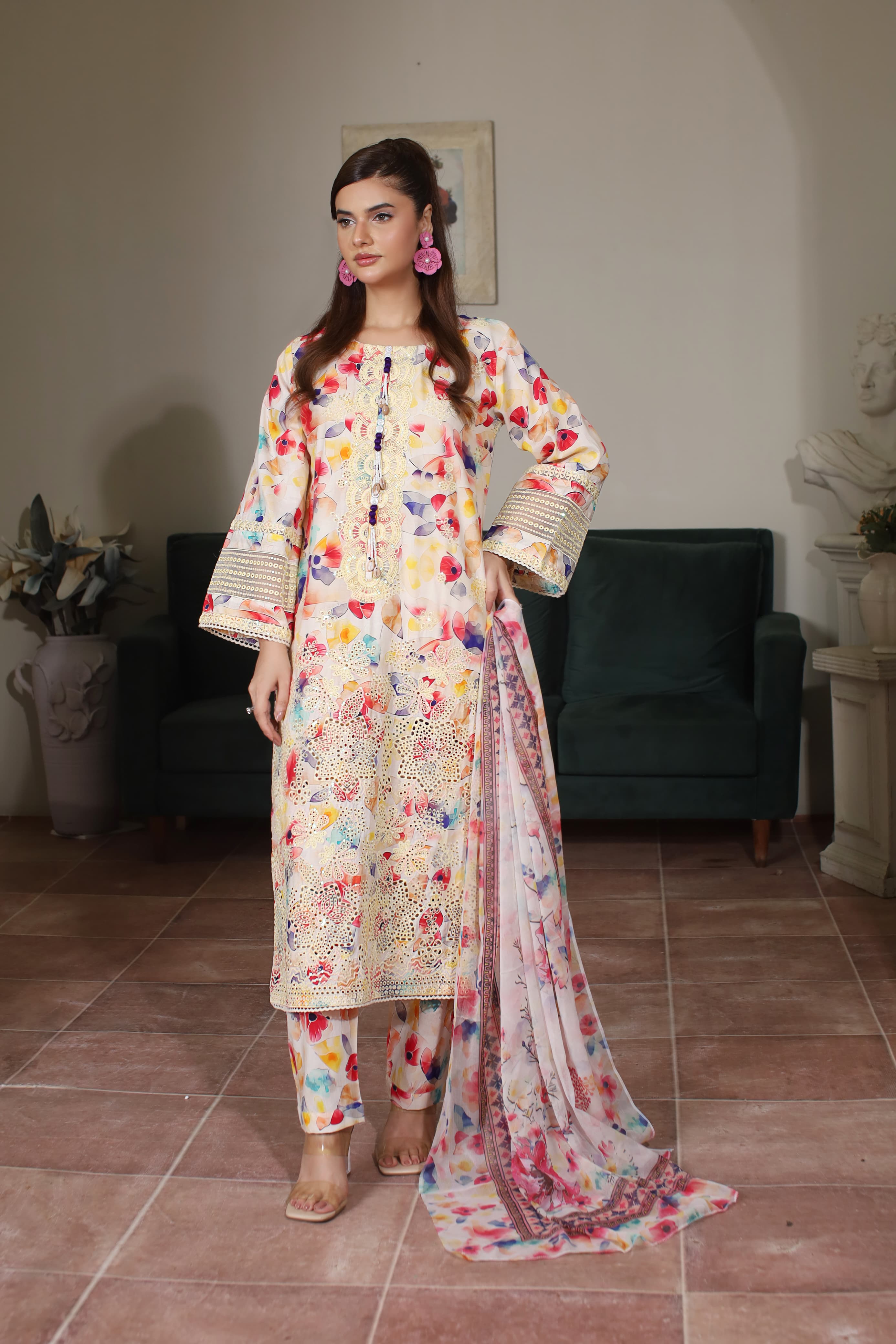 Off-White Multicolor Cotton Suit with Chikankari Border & Manaar Dupatta – 3 Piece