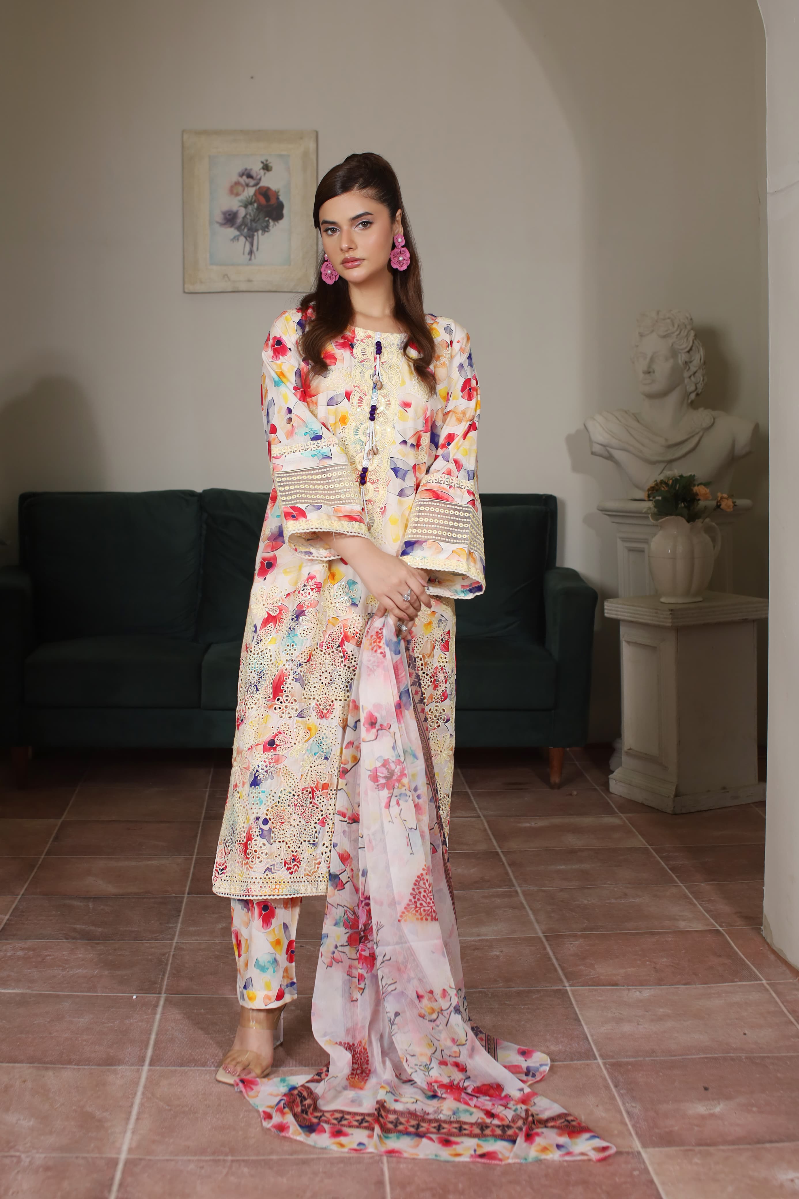 Off-White Multicolor Cotton Suit with Chikankari Border & Manaar Dupatta – 3 Piece
