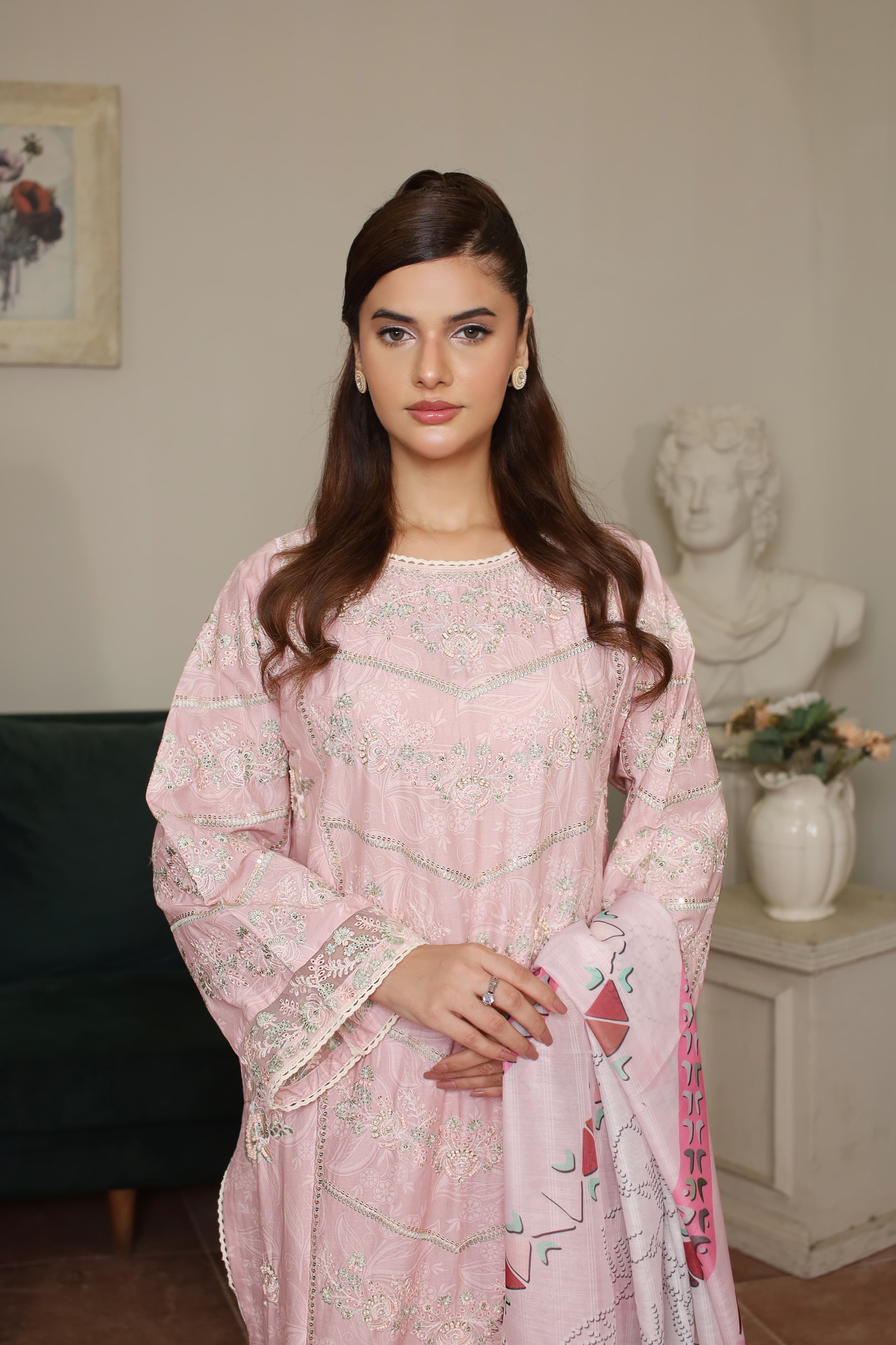 Pastel Pink Cotton Embroidered 3-Piece Suit with Manaar Dupatta