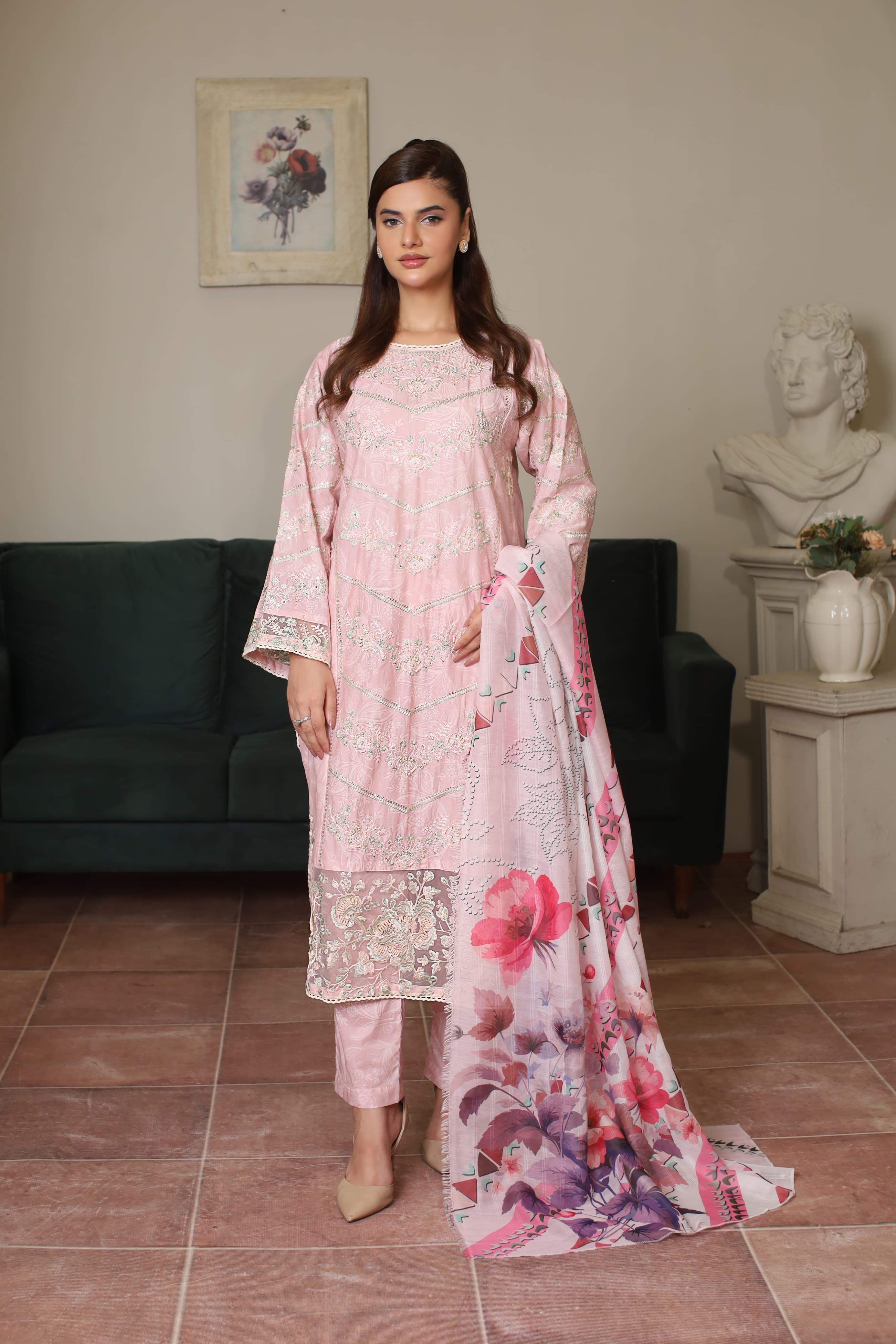 Mustard Yellow Cotton Embroidered 3-Piece Suit with Printed Dupatta