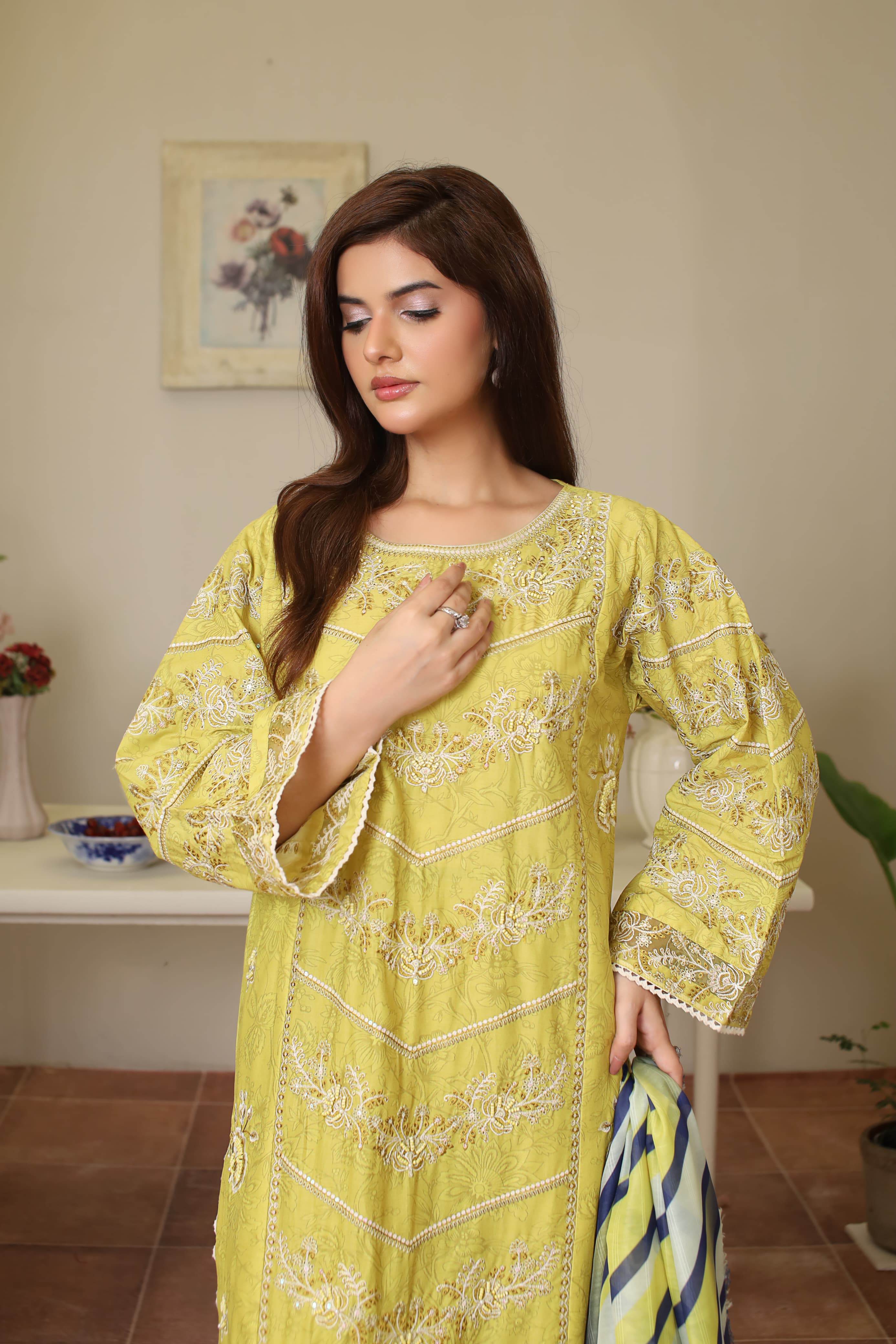 Mustard Yellow Cotton Embroidered 3-Piece Suit with Printed Dupatta