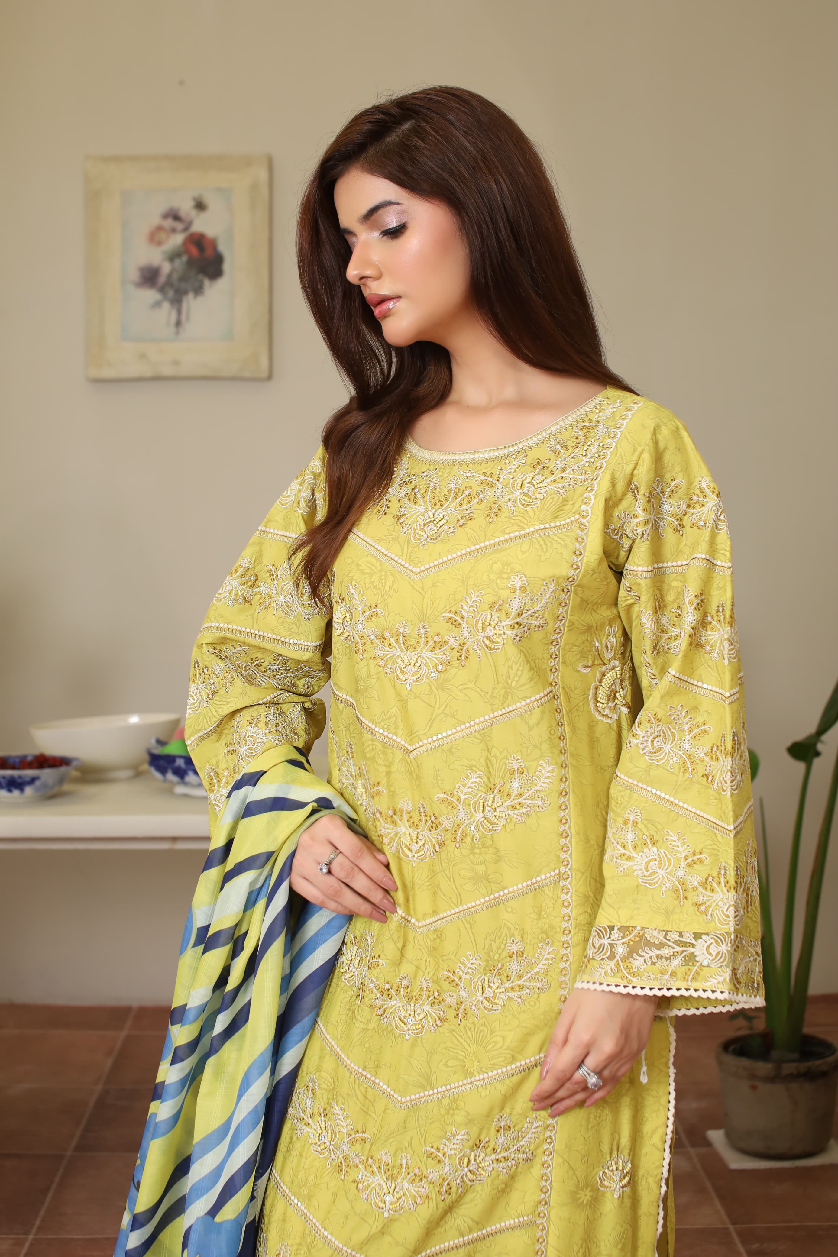 Mustard Yellow Cotton Embroidered 3-Piece Suit with Printed Dupatta