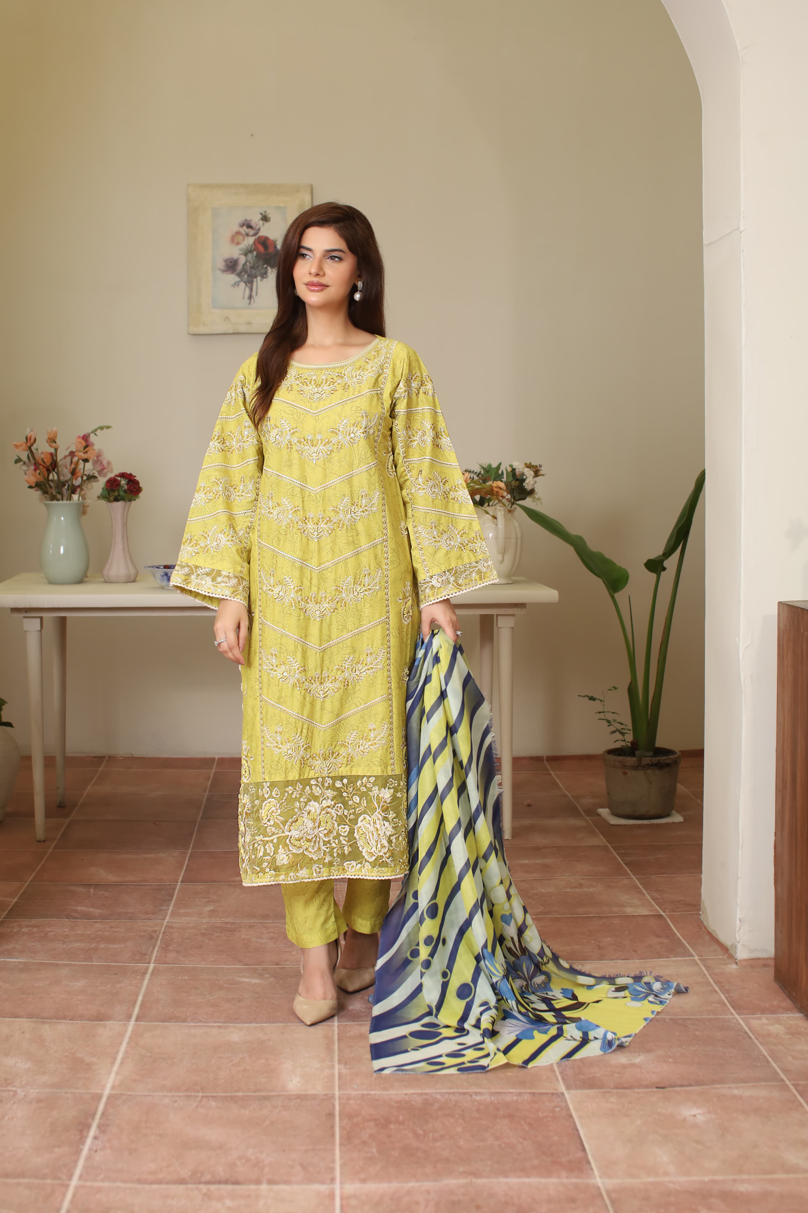 Mustard Yellow Cotton Embroidered 3-Piece Suit with Printed Dupatta