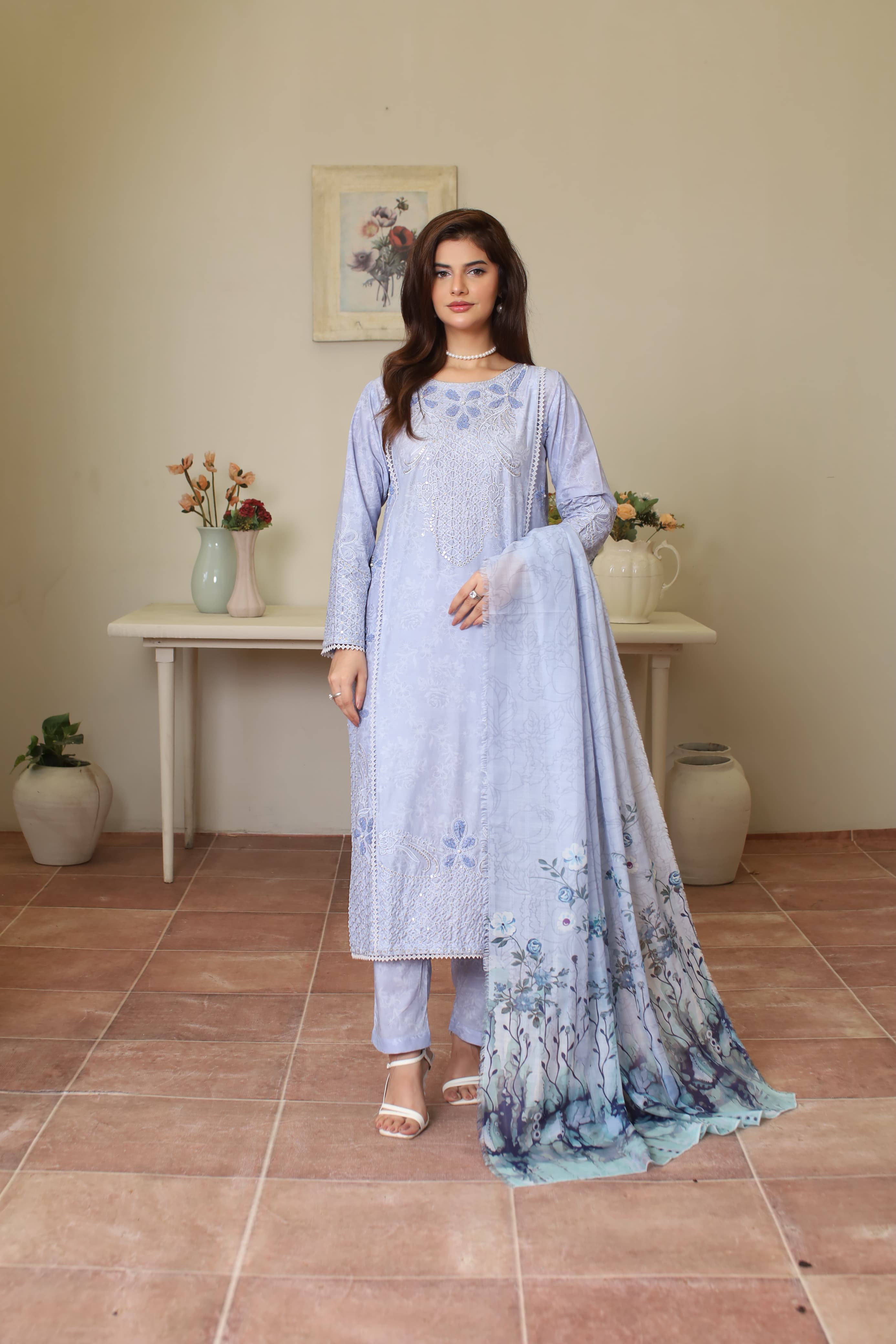 Lilac Cotton Embroidered 3-Piece Suit with Manaar Dupatta