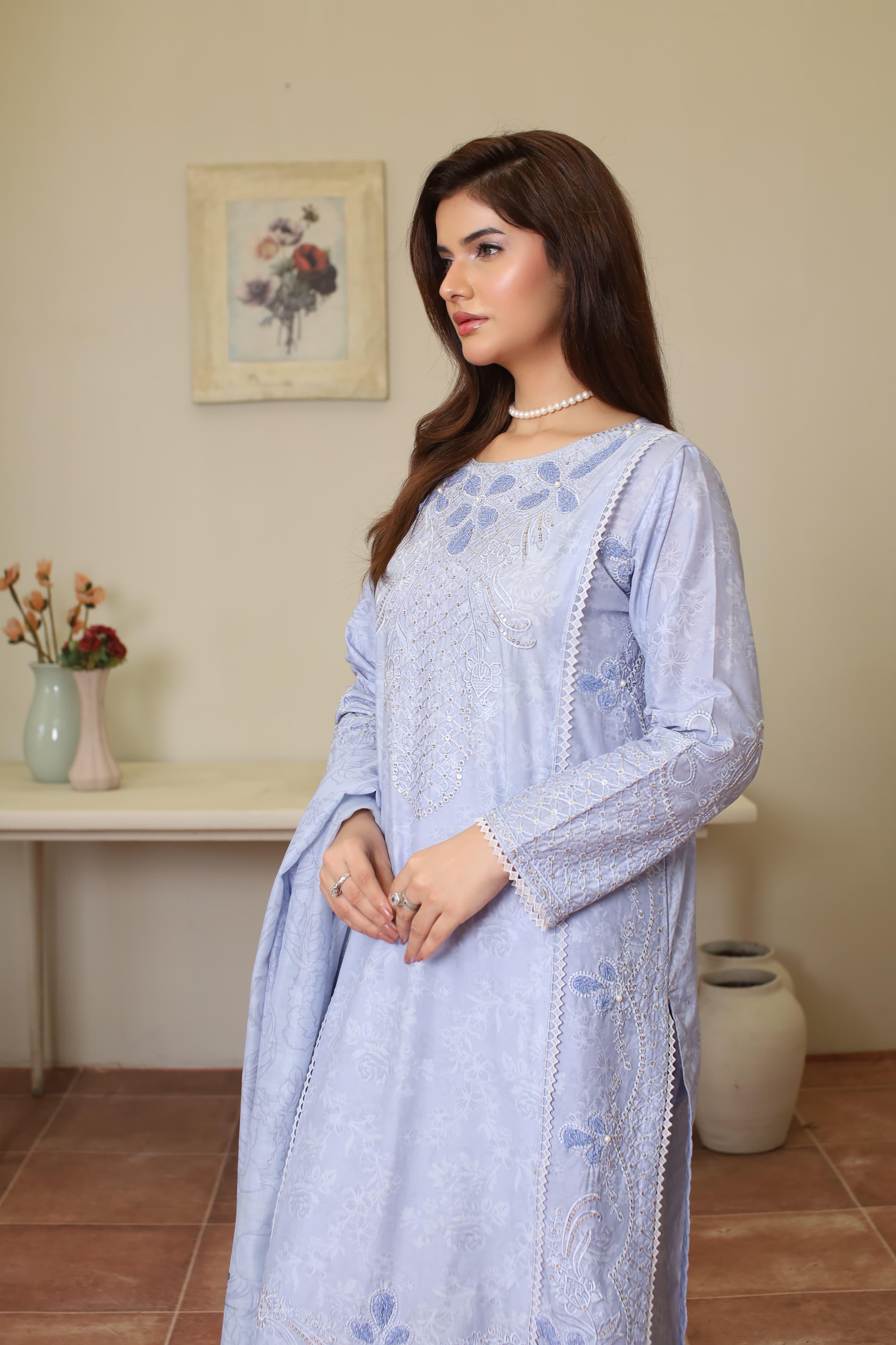 Lilac Cotton Embroidered 3-Piece Suit with Manaar Dupatta