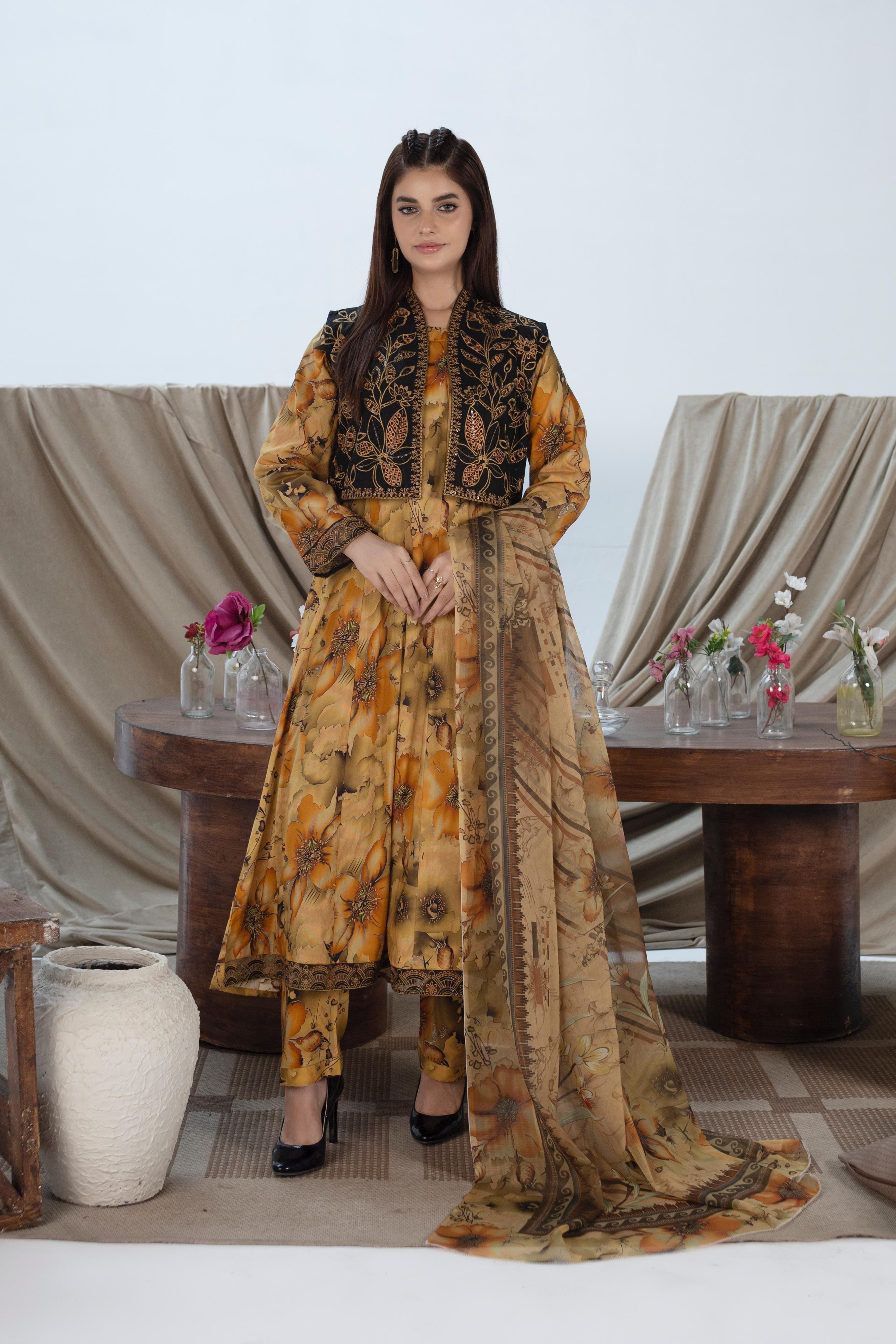 Luxury Golden Mustard Floral Frock Set with Black Embroidered Koti &chifon printed Dupatta