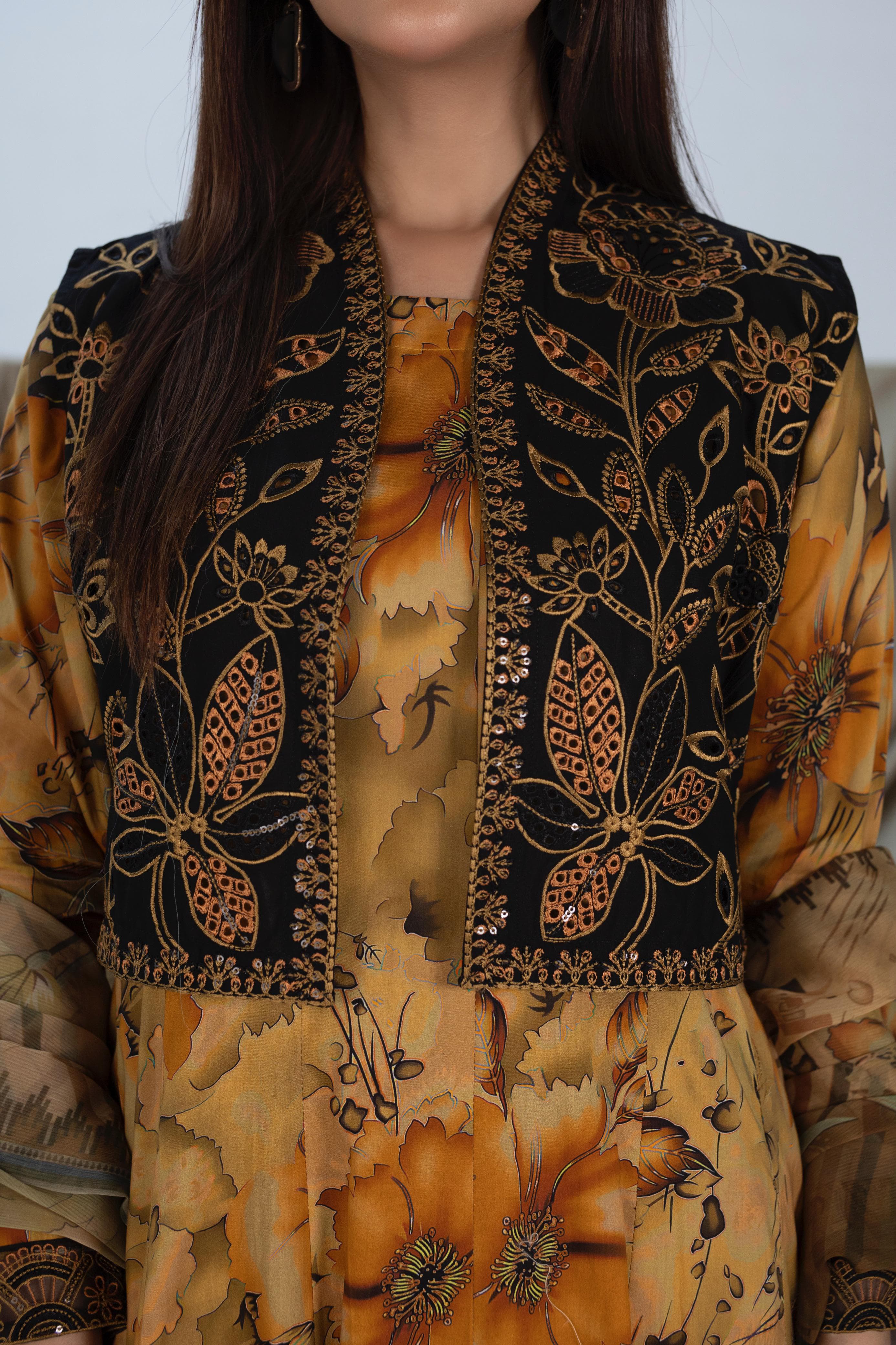 Luxury Golden Mustard Floral Frock Set with Black Embroidered Koti &chifon printed Dupatta
