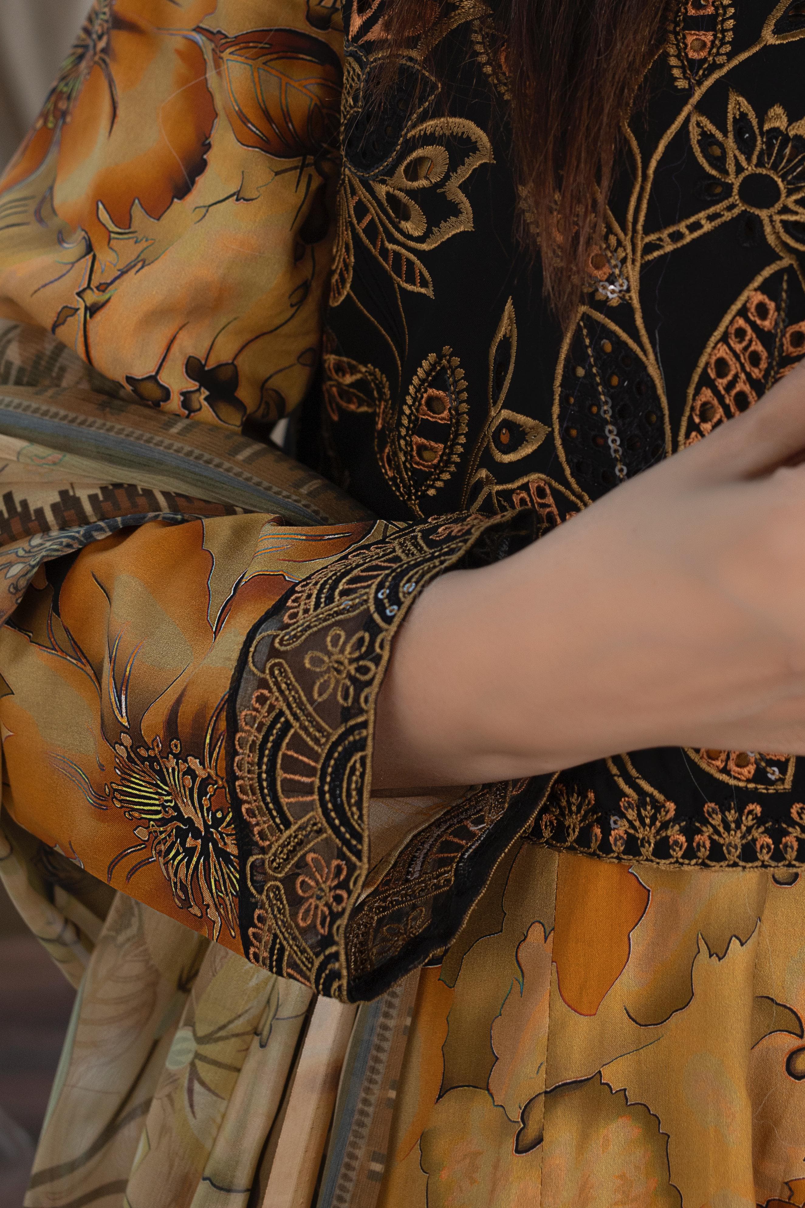 Luxury Golden Mustard Floral Frock Set with Black Embroidered Koti &chifon printed Dupatta