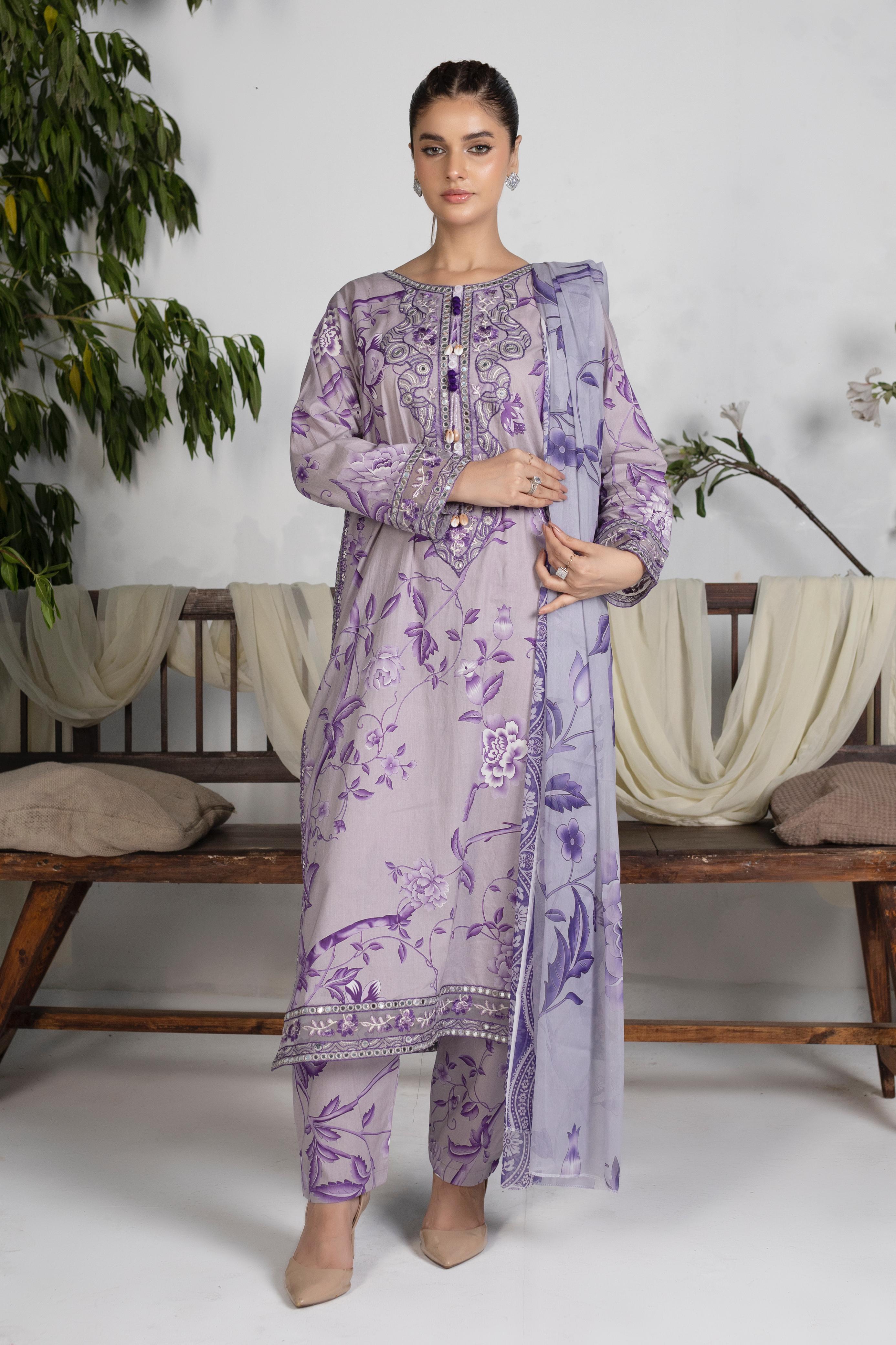 Luxury Cotton Embroidered Long Shirt with Chiffon Dupatta – 3 Piece (Lavender)
