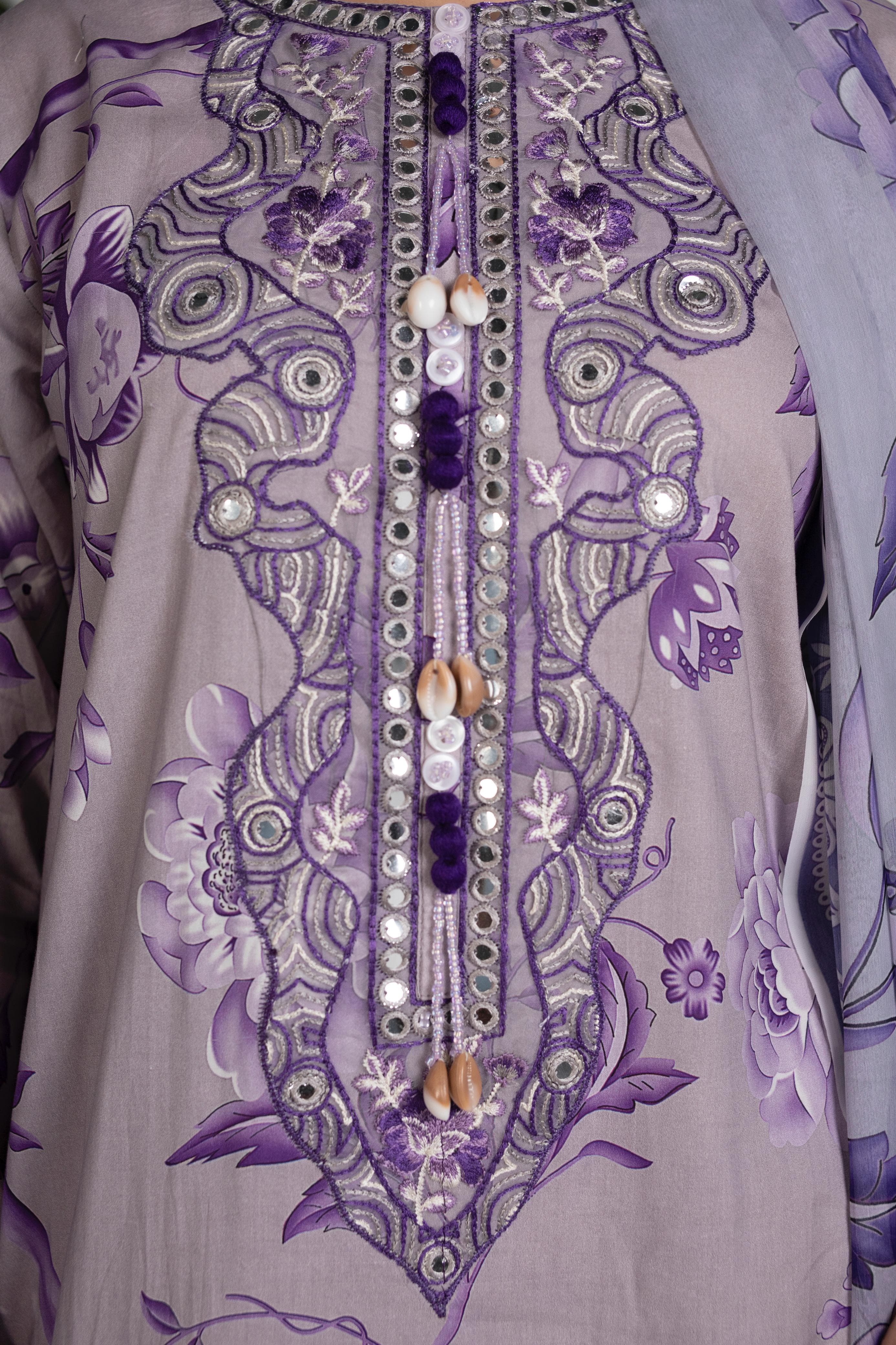 Luxury Cotton Embroidered Long Shirt with Chiffon Dupatta – 3 Piece (Lavender)