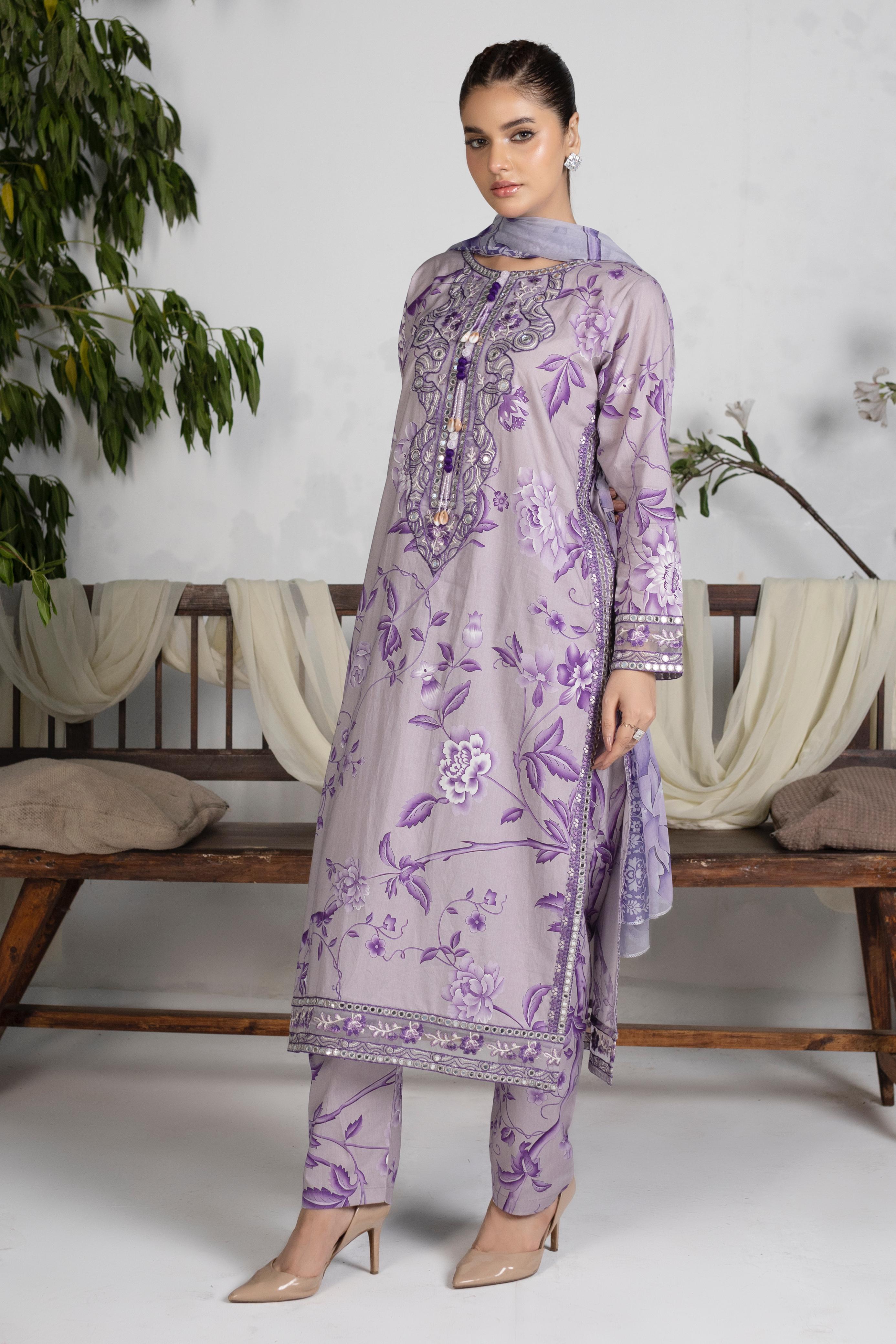 Luxury Cotton Embroidered Long Shirt with Chiffon Dupatta – 3 Piece (Lavender)