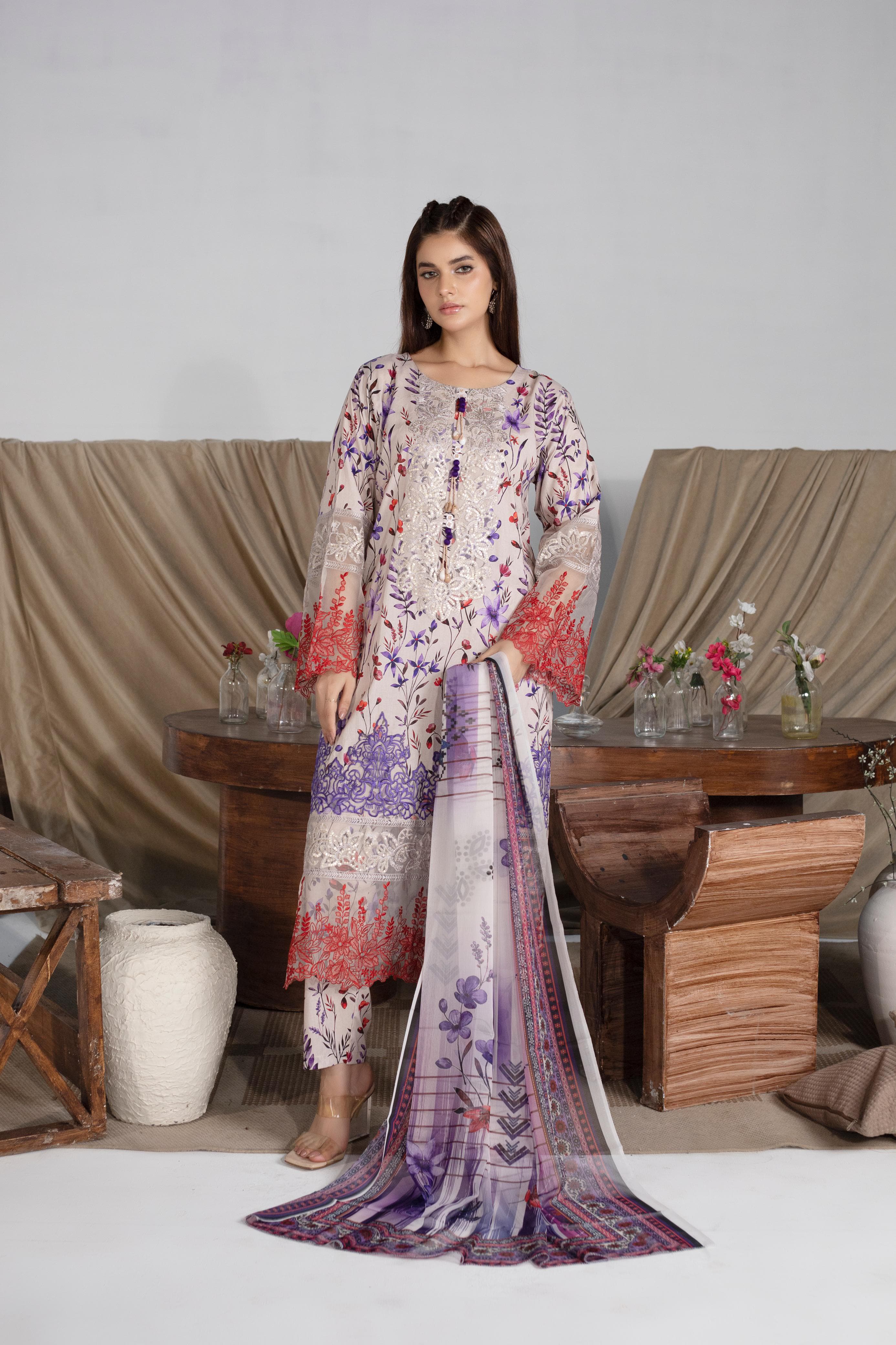 Luxury Cotton Patterned 3-Piece Suit with Embroidered Neckline & Chiffon Dupatta