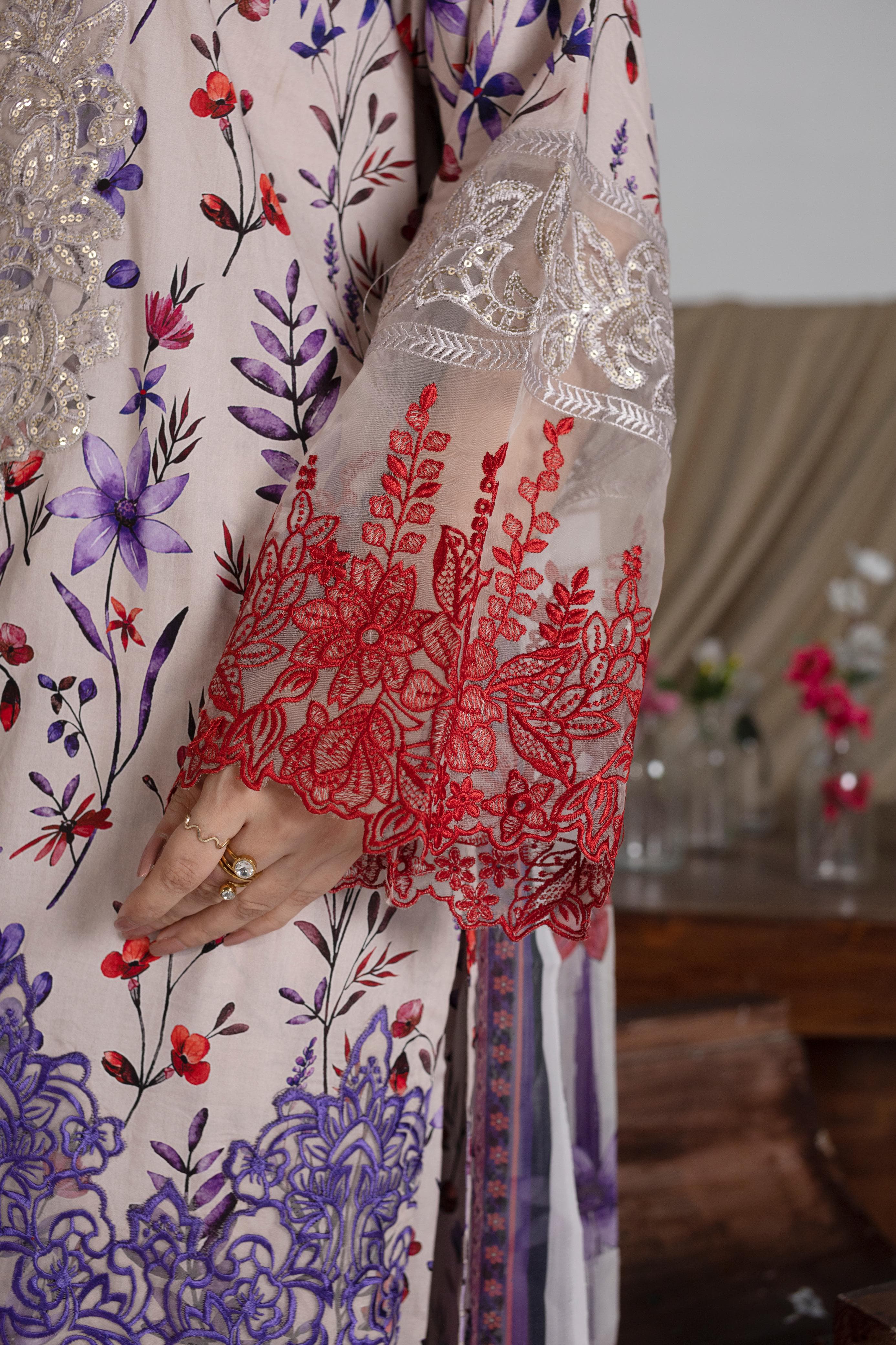 Luxury Cotton Patterned 3-Piece Suit with Embroidered Neckline & Chiffon Dupatta
