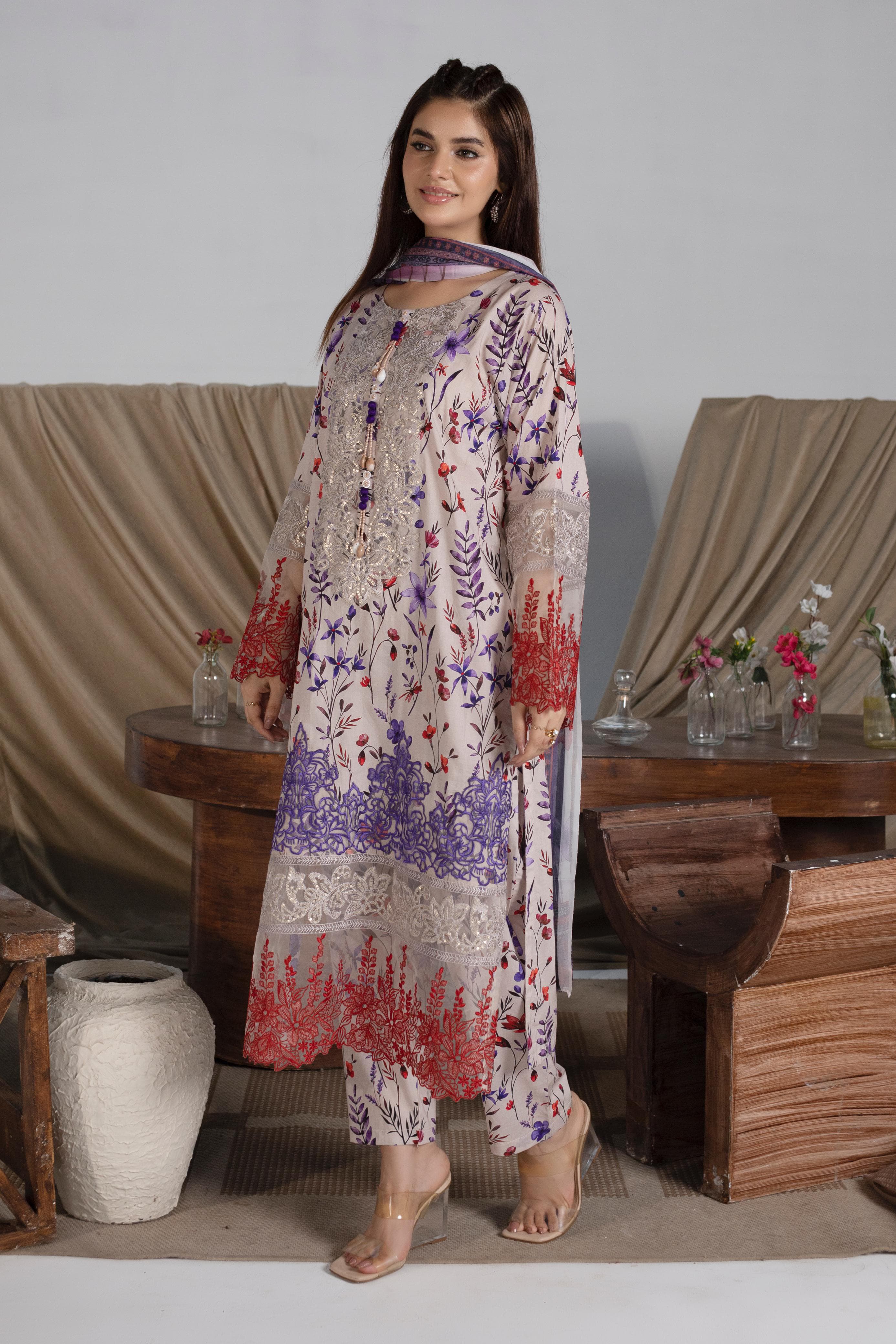 Luxury Cotton Patterned 3-Piece Suit with Embroidered Neckline & Chiffon Dupatta