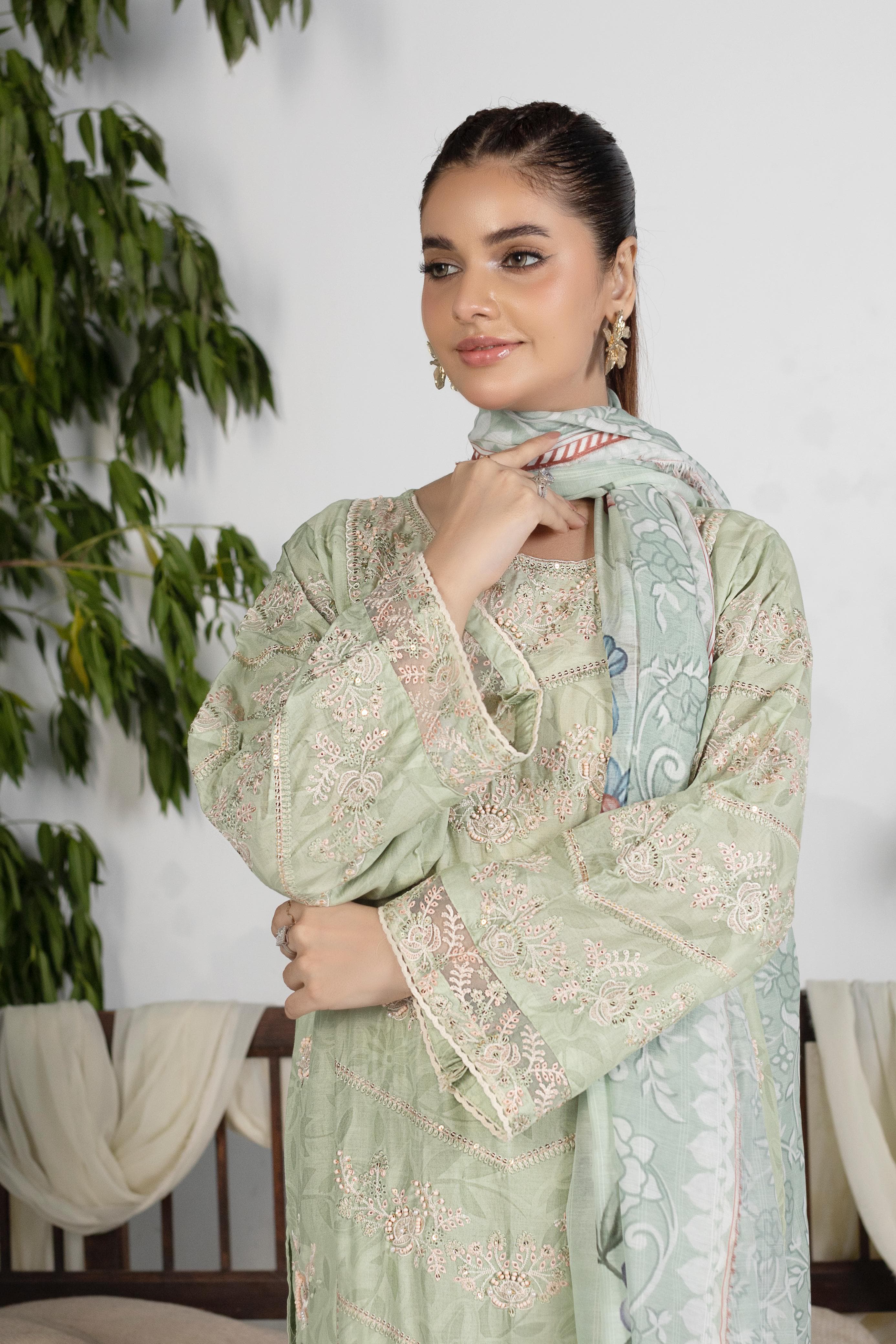 Pastel Green Luxury Cotton Embroidered 3-Piece Suit with Manaar Dupatta