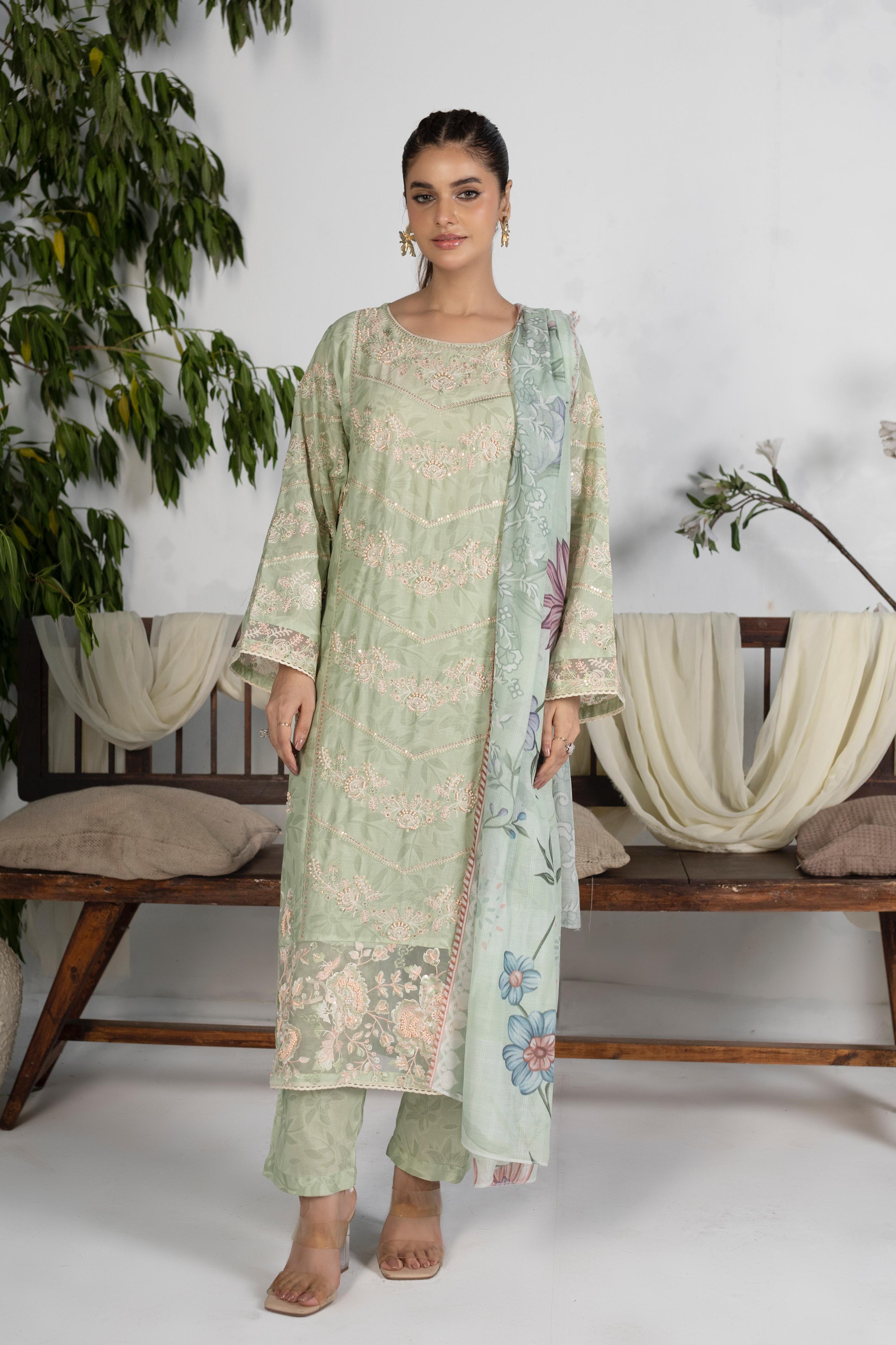 Pastel Green Luxury Cotton Embroidered 3-Piece Suit with Manaar Dupatta