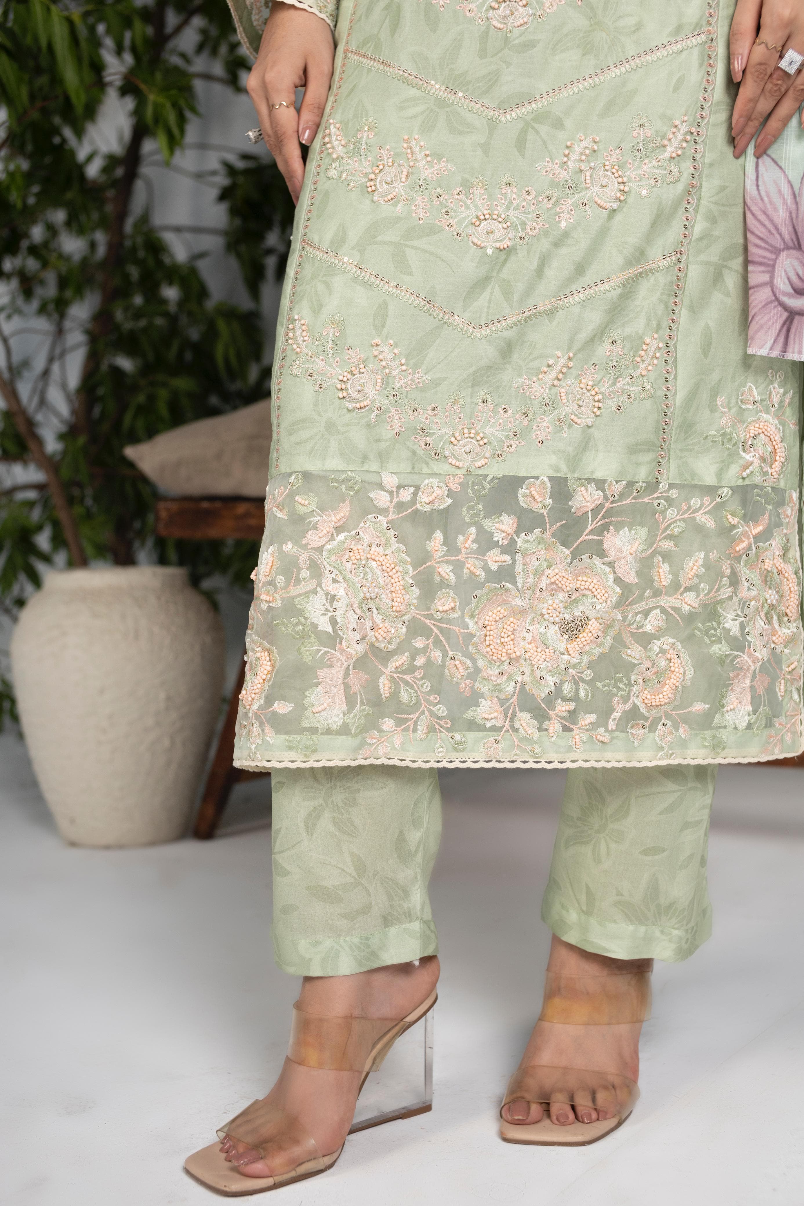 Pastel Green Luxury Cotton Embroidered 3-Piece Suit with Manaar Dupatta