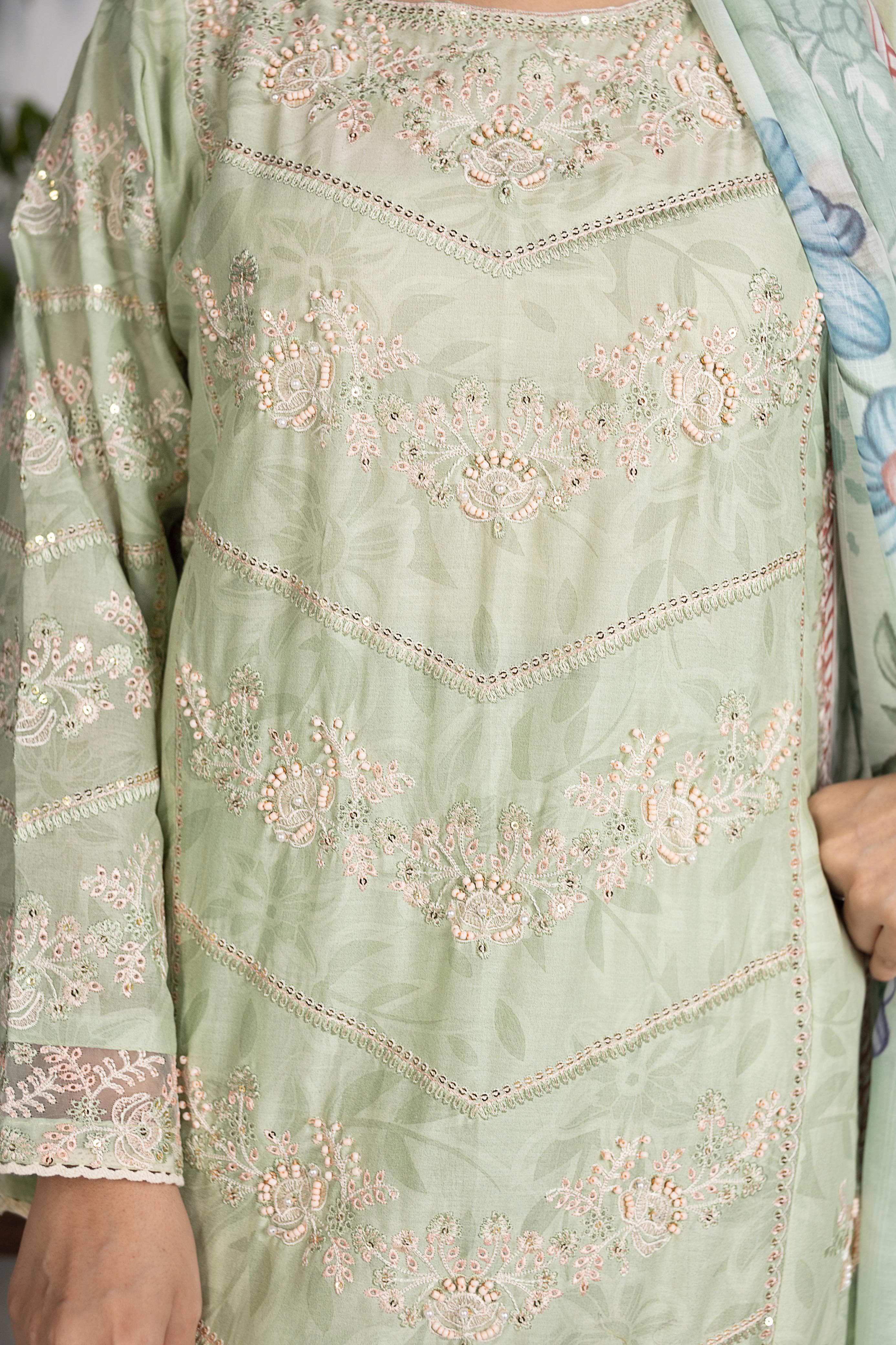 Pastel Green Luxury Cotton Embroidered 3-Piece Suit with Manaar Dupatta