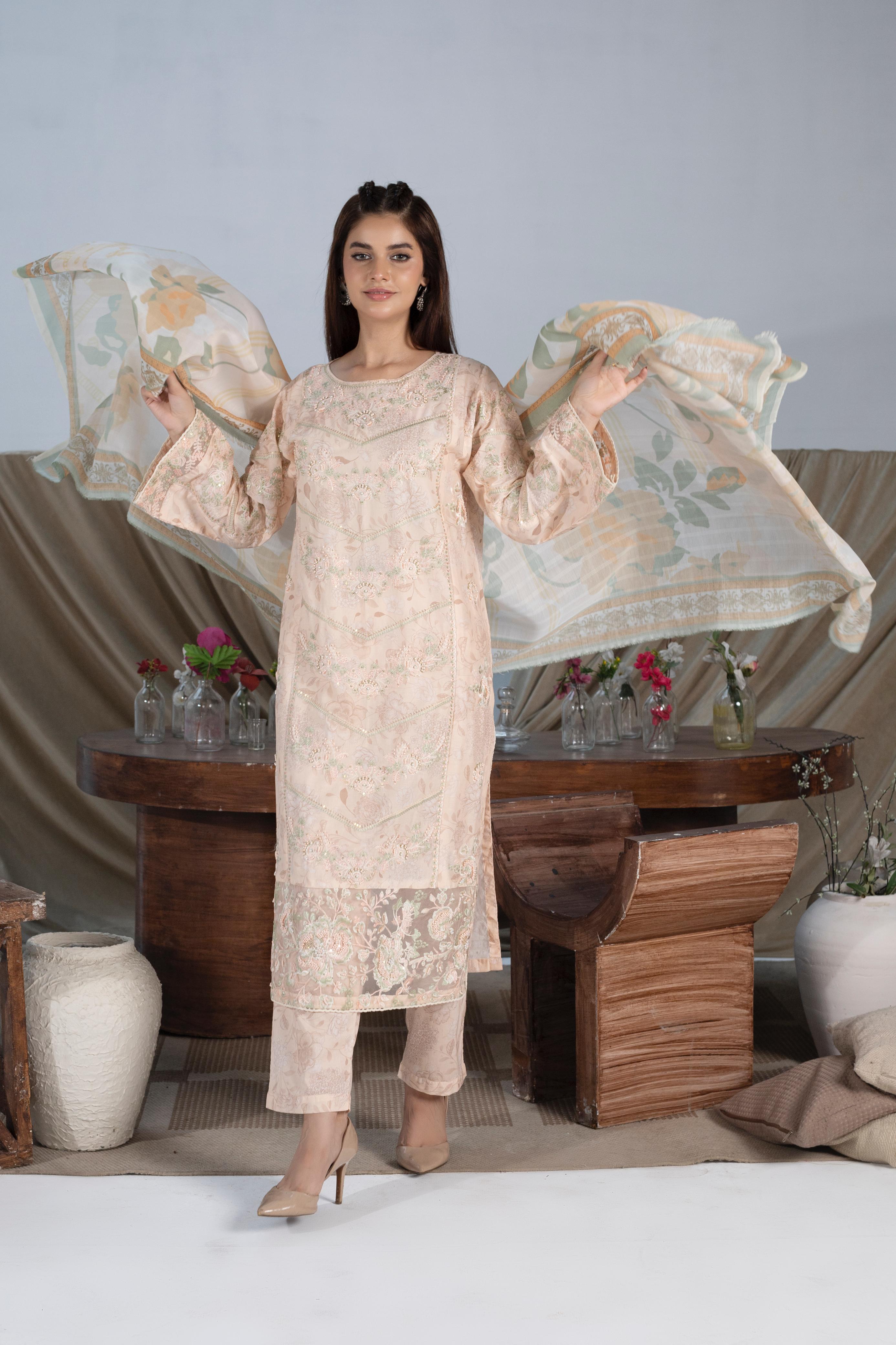 Peach Luxury Cotton Embroidered 3-Piece Suit with Manaar Dupatta