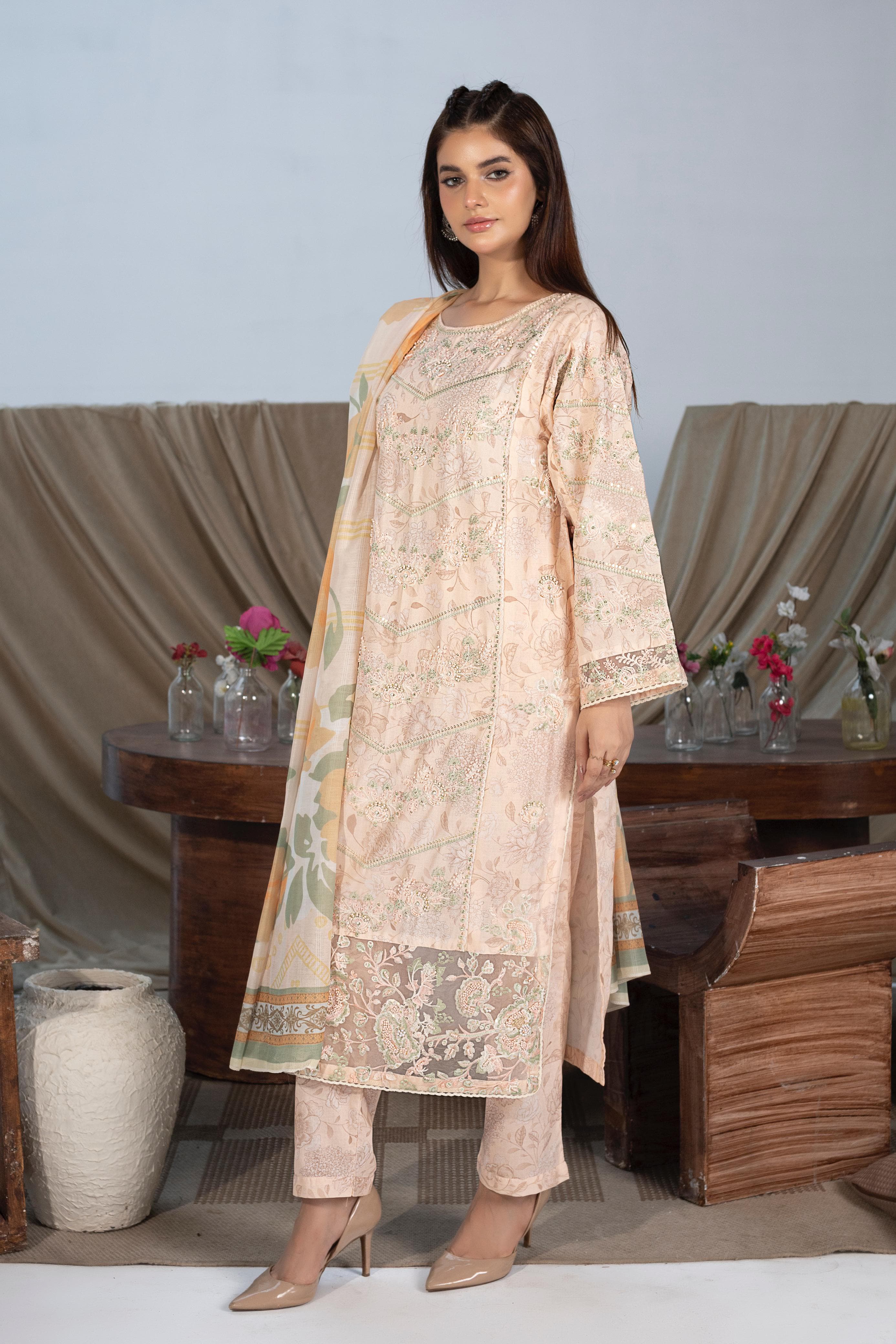 Mustard Yellow Cotton Embroidered 3-Piece Suit with Printed Dupatta