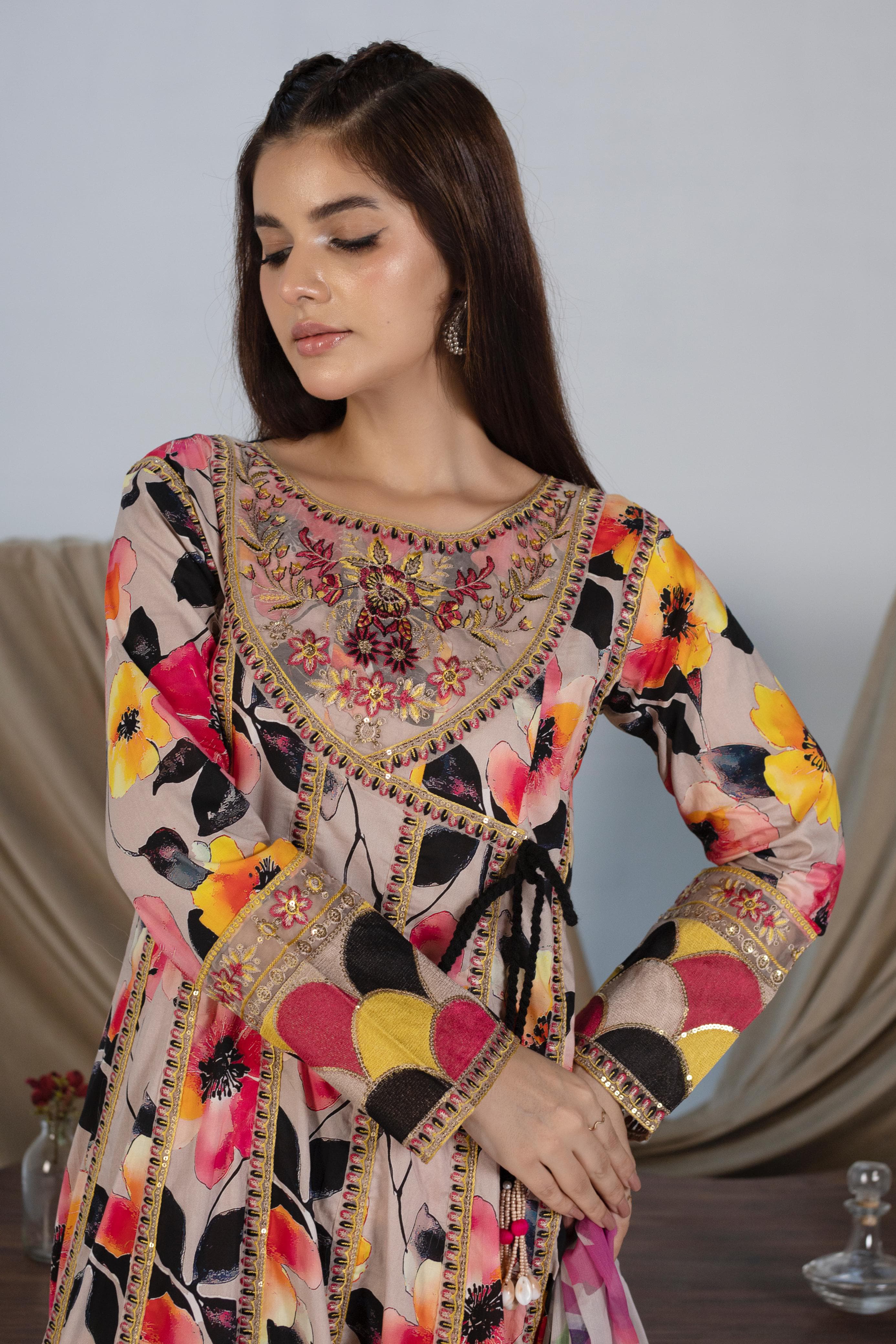 Multicolor Floral Angrakha Style Luxury Cotton Suit with Embroidery & Chiffon Printed Dupatta – 3 Piece
