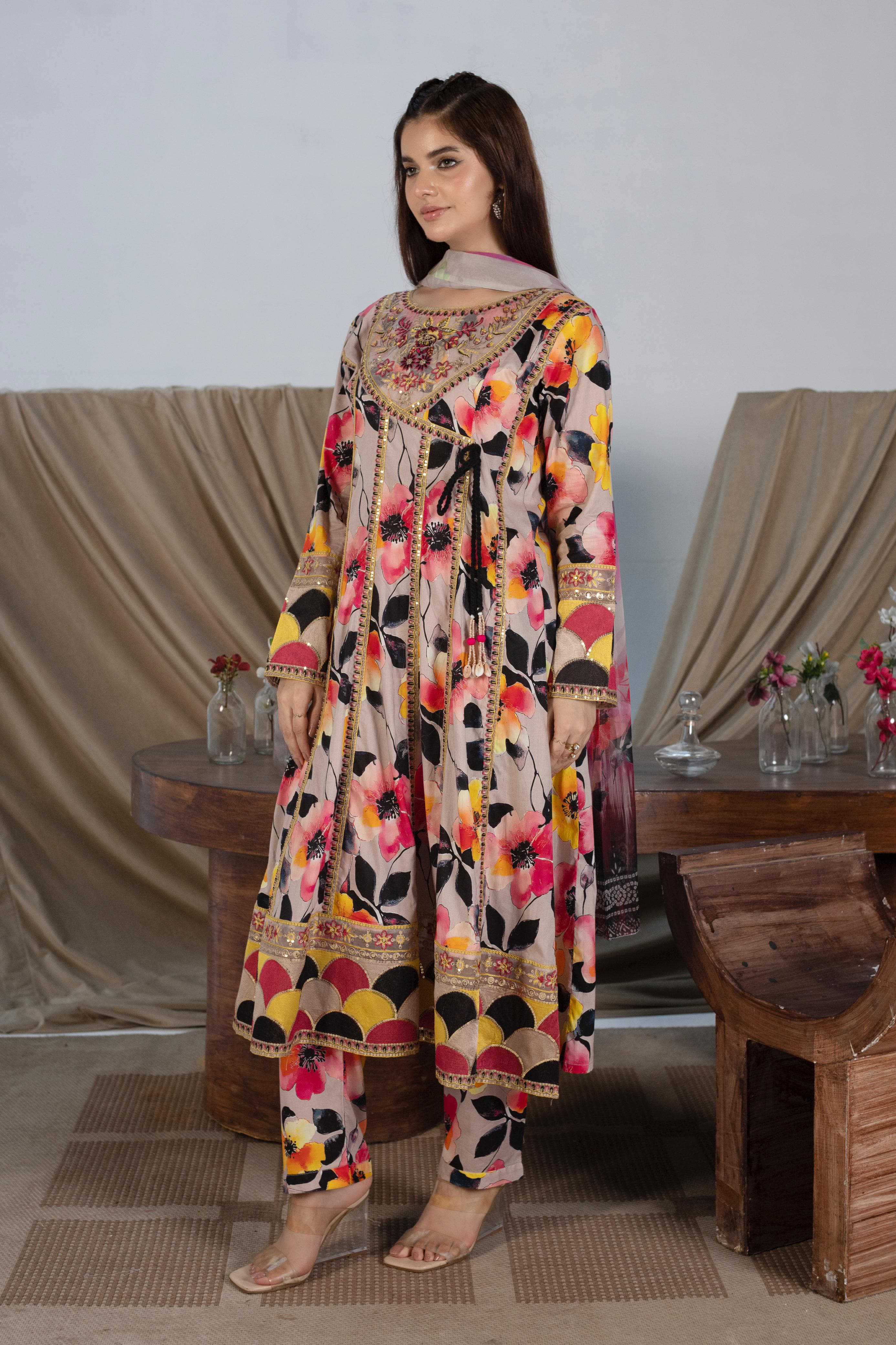 Multicolor Floral Angrakha Style Luxury Cotton Suit with Embroidery & Chiffon Printed Dupatta – 3 Piece