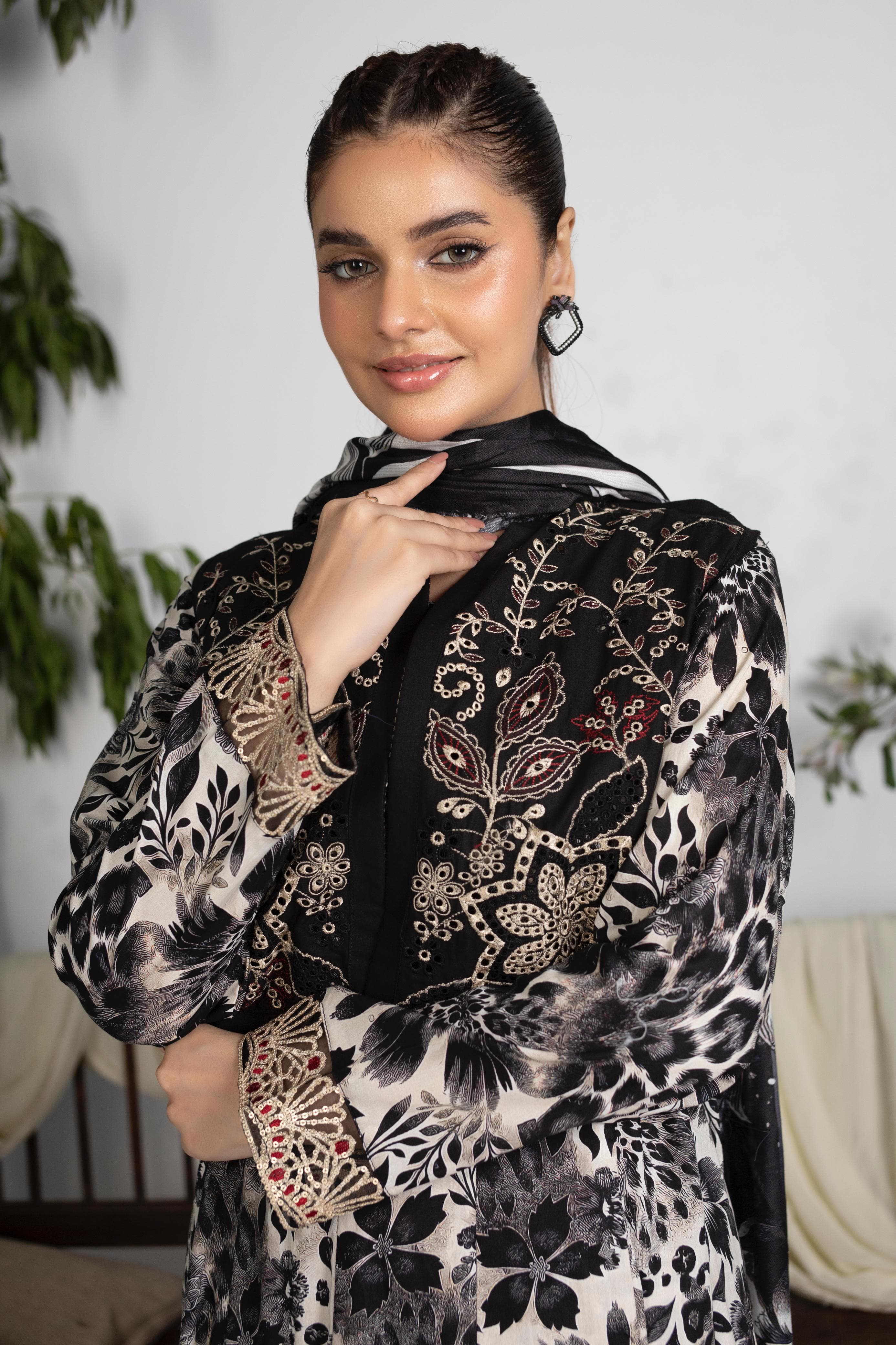 Luxury Black & Beige Embroidered Frock Set with Koti & Manaar Dupatta