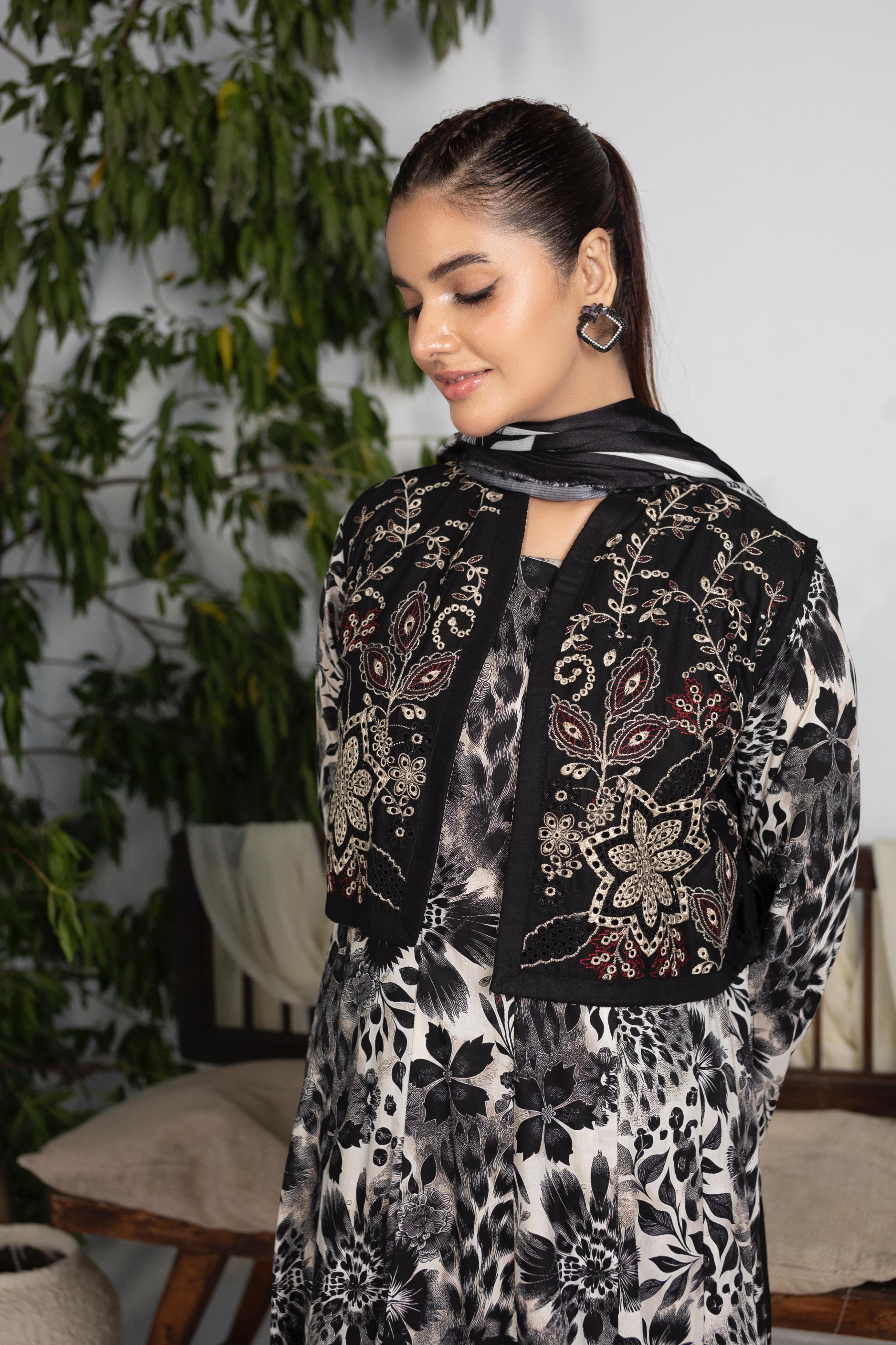 Luxury Black & Beige Embroidered Frock Set with Koti & Manaar Dupatta