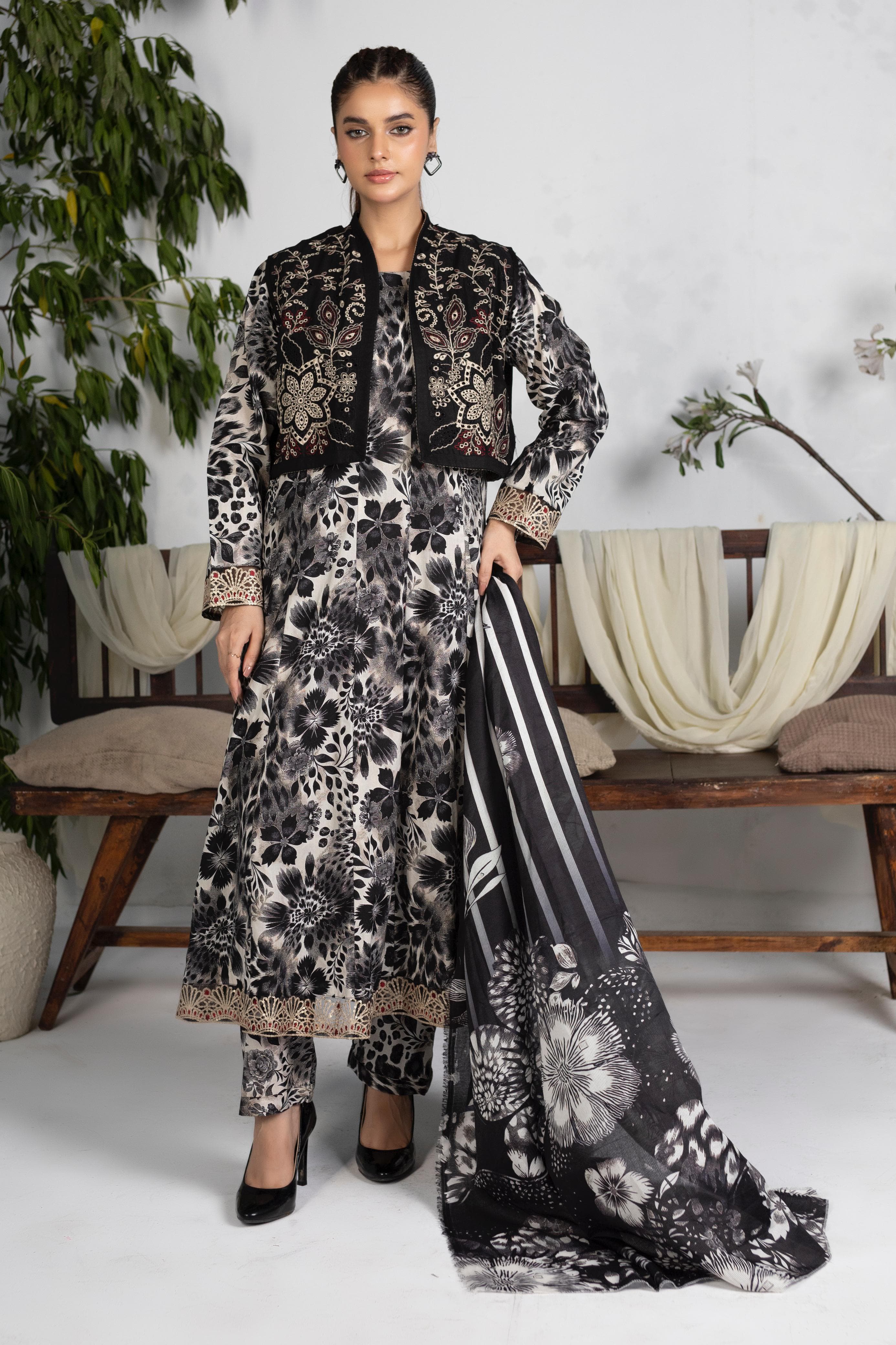 Luxury Black & Beige Embroidered Frock Set with Koti & Manaar Dupatta