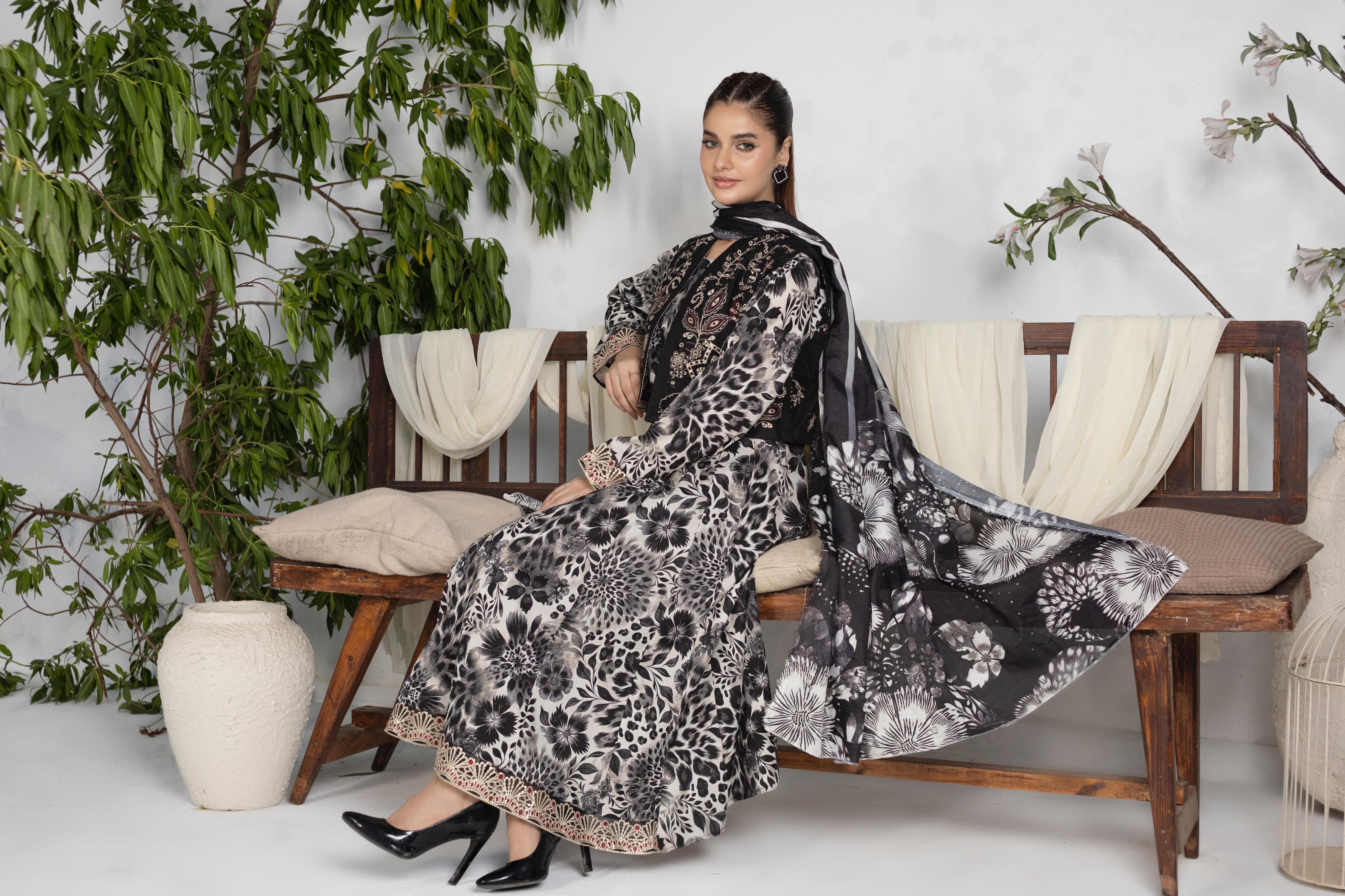 Luxury Black & Beige Embroidered Frock Set with Koti & Manaar Dupatta