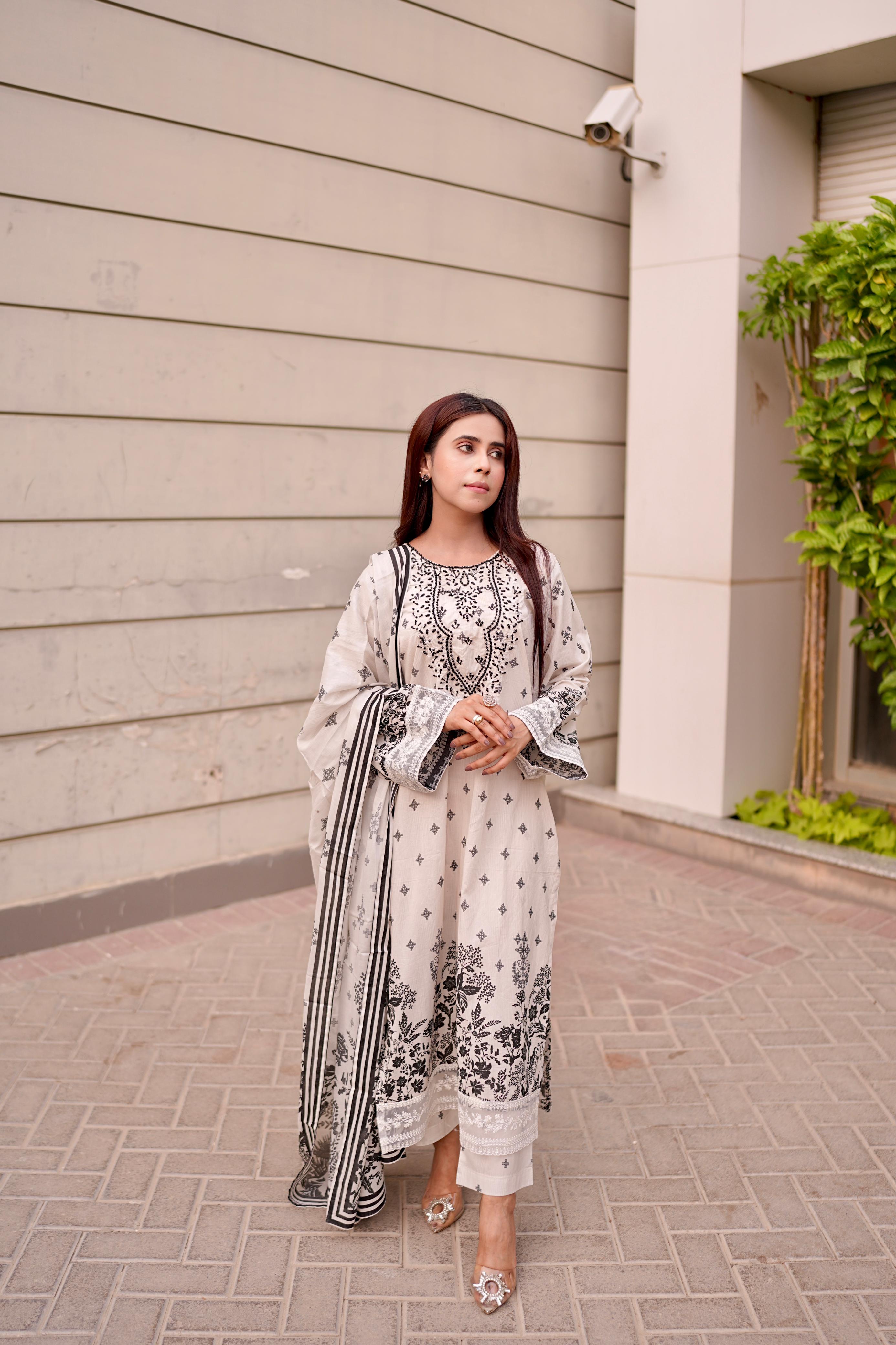 White & Black Embroidered Lawn 3PC Suit with Hand Embellishments & Printed Dupatta