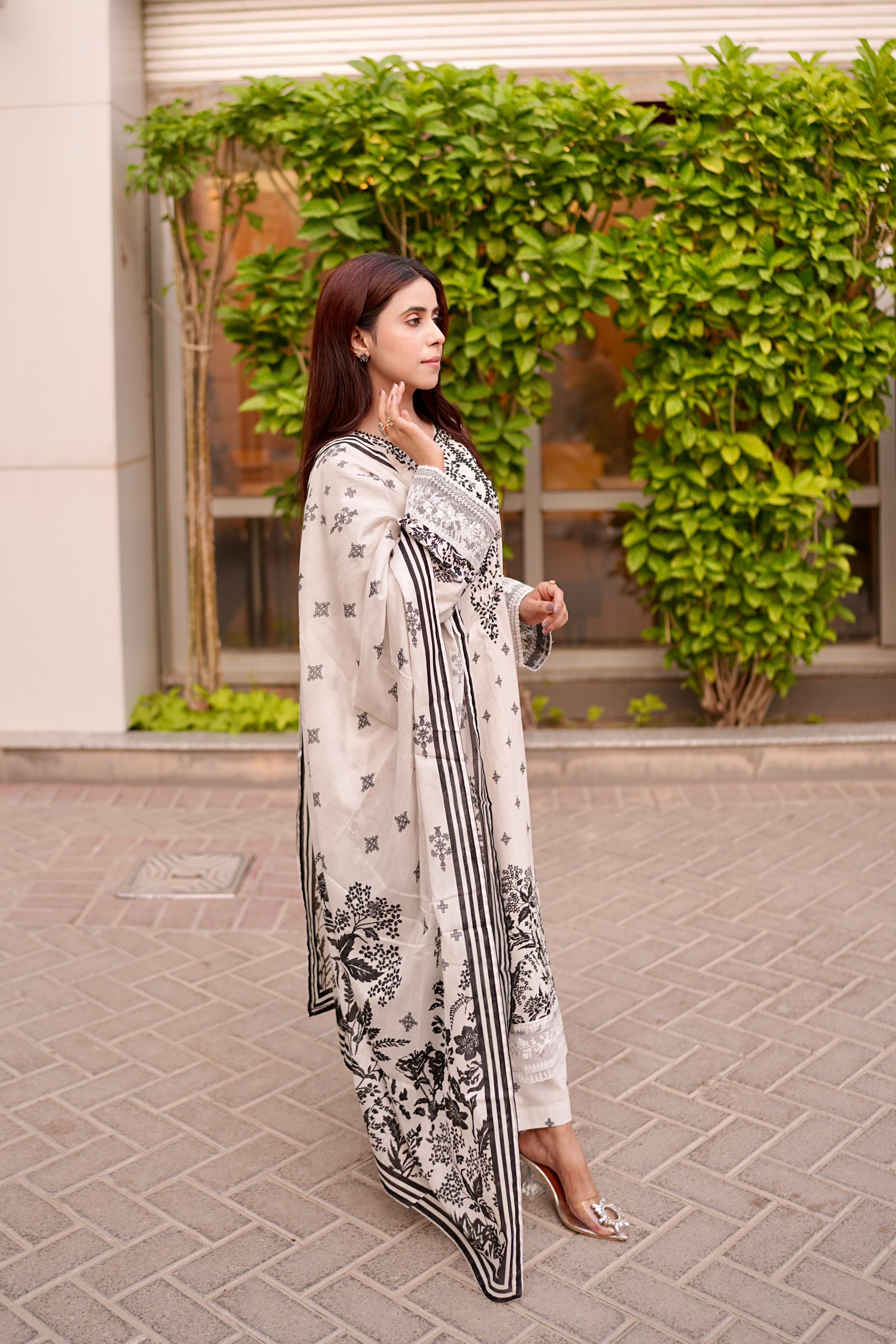 White & Black Embroidered Lawn 3PC Suit with Hand Embellishments & Printed Dupatta