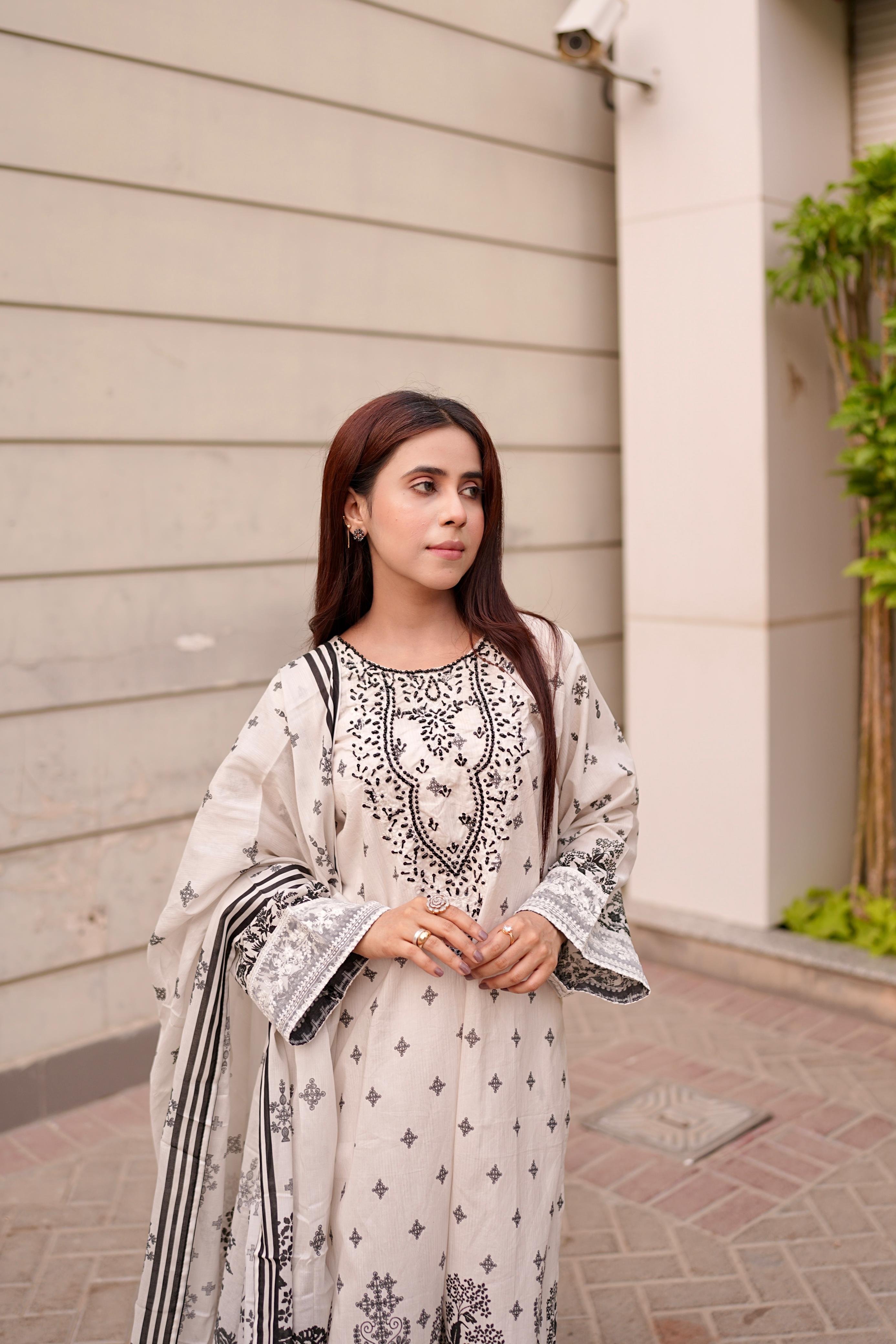 White & Black Embroidered Lawn 3PC Suit with Hand Embellishments & Printed Dupatta
