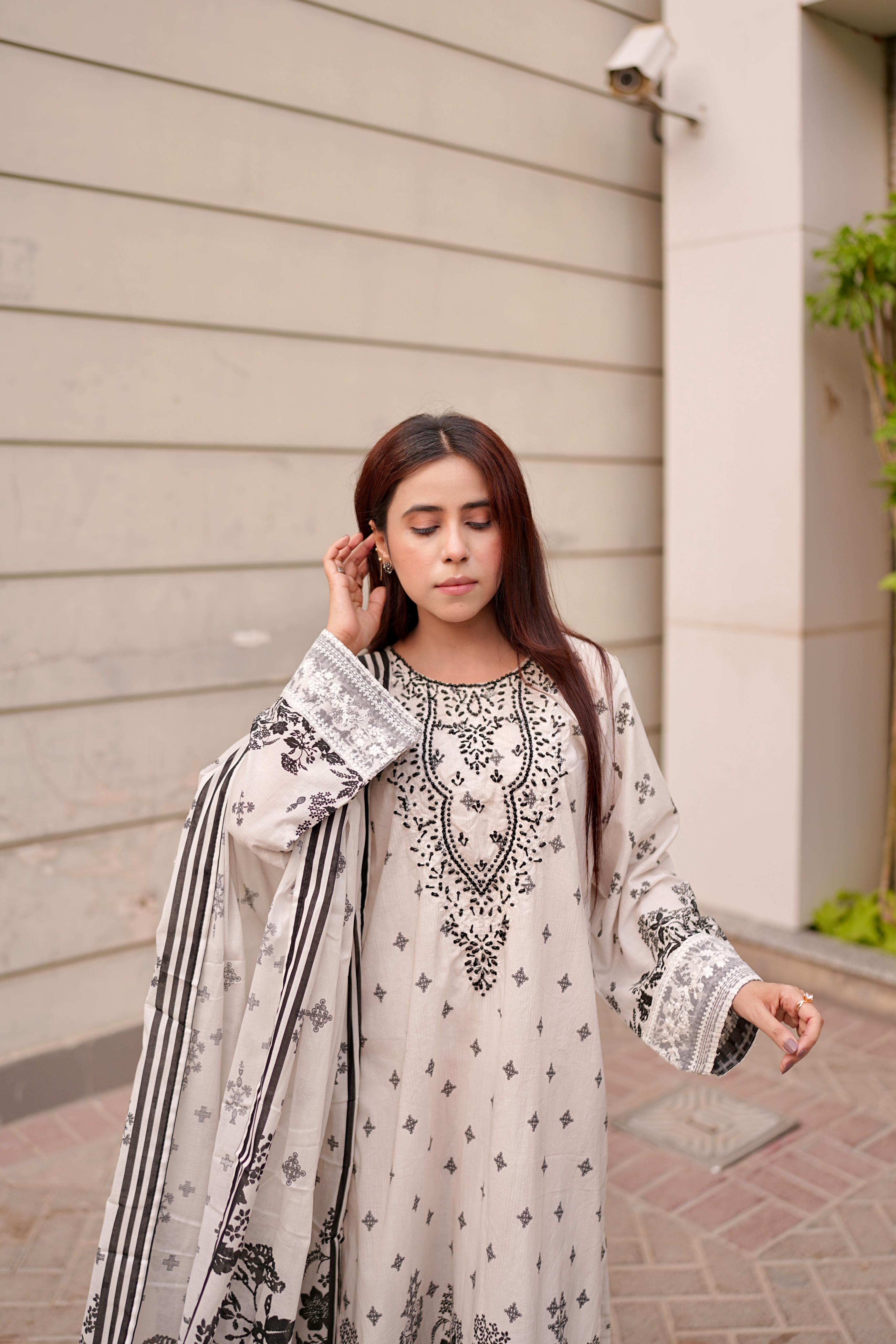 White & Black Embroidered Lawn 3PC Suit with Hand Embellishments & Printed Dupatta