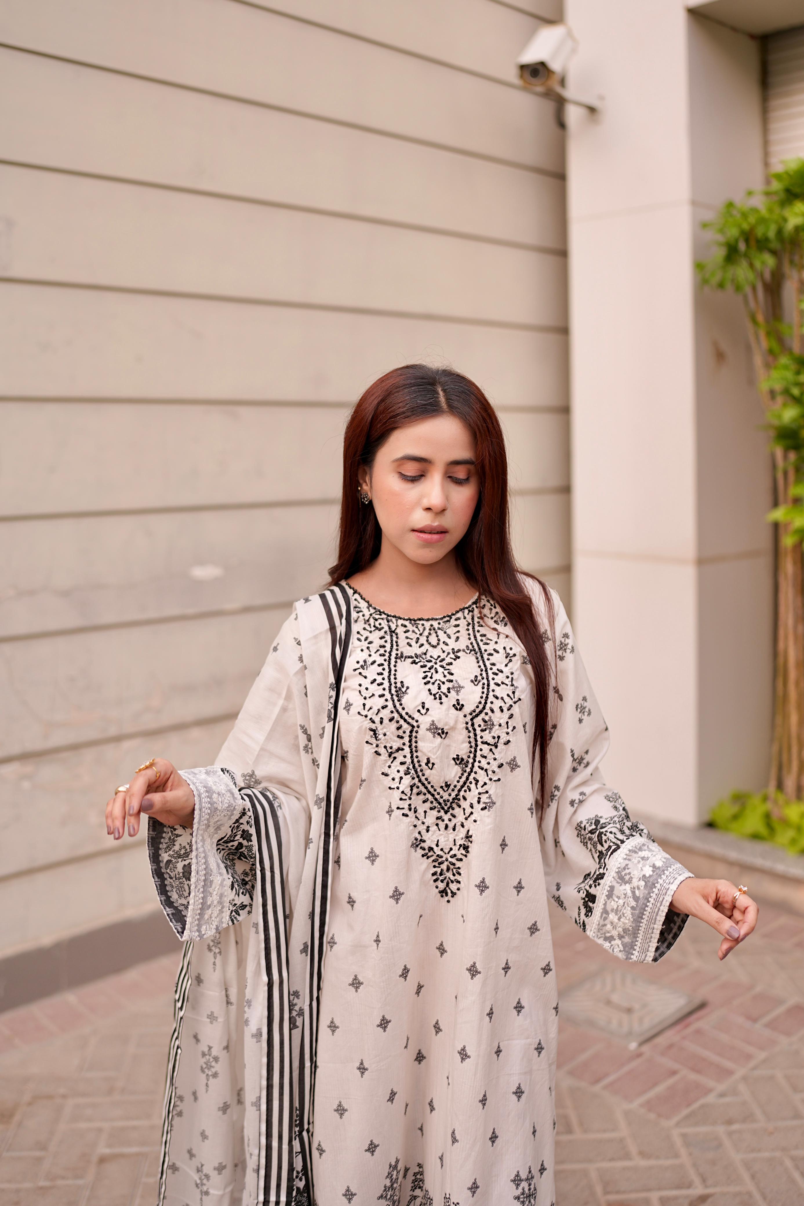 White & Black Embroidered Lawn 3PC Suit with Hand Embellishments & Printed Dupatta