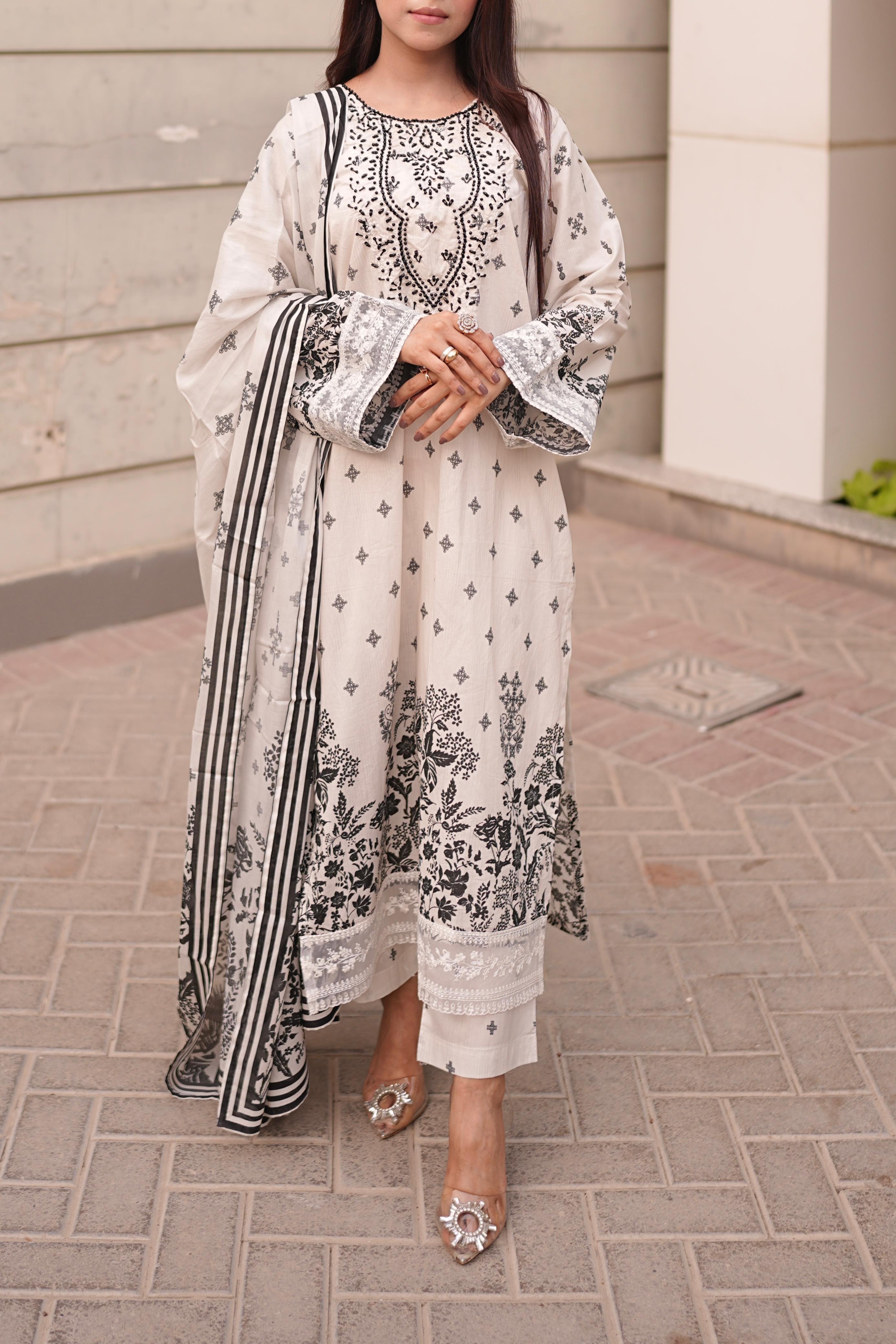 White & Black Embroidered Lawn 3PC Suit with Hand Embellishments & Printed Dupatta