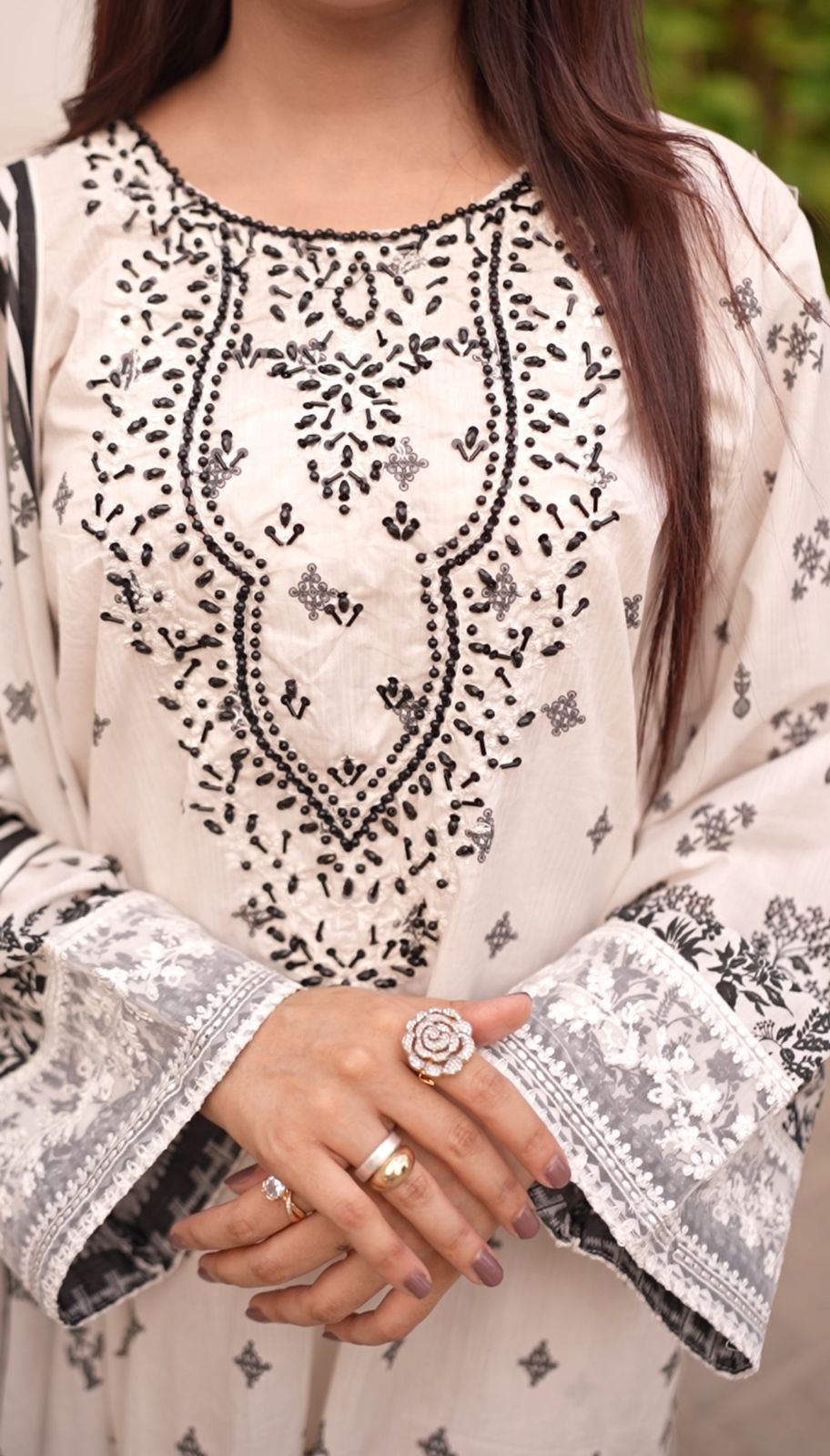White & Black Embroidered Lawn 3PC Suit with Hand Embellishments & Printed Dupatta