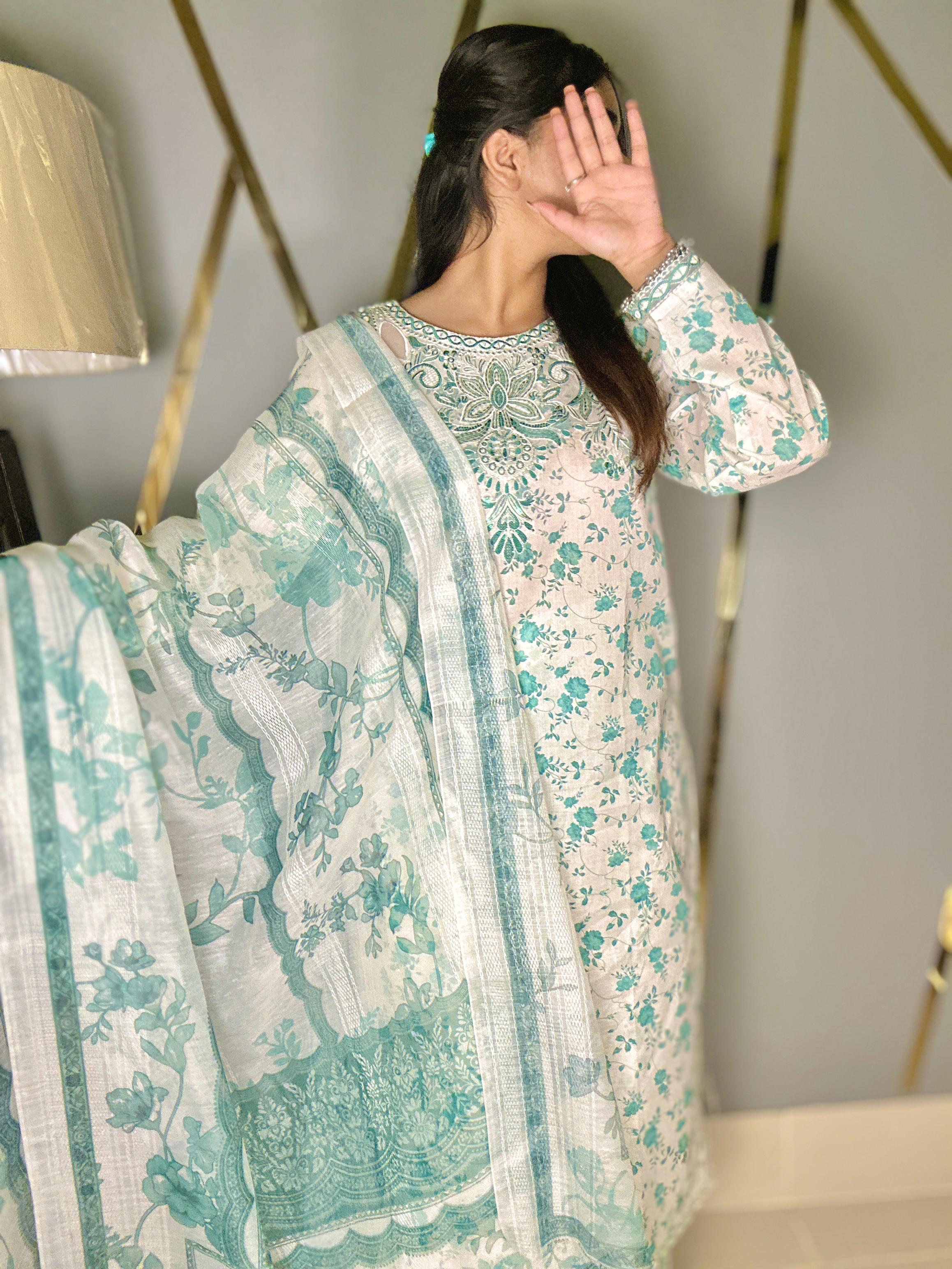 Luxury Lawn Cotton 3Pc Suit with Cut Shoulder Embroidered Neck & Manaar Dupatta