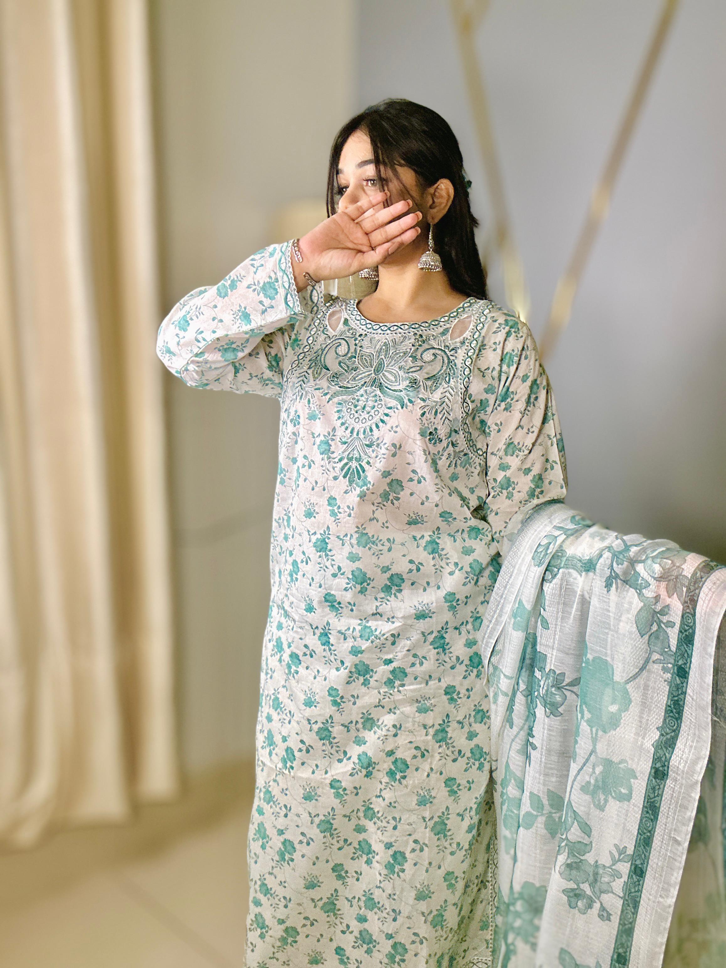 Luxury Lawn Cotton 3Pc Suit with Cut Shoulder Embroidered Neck & Manaar Dupatta