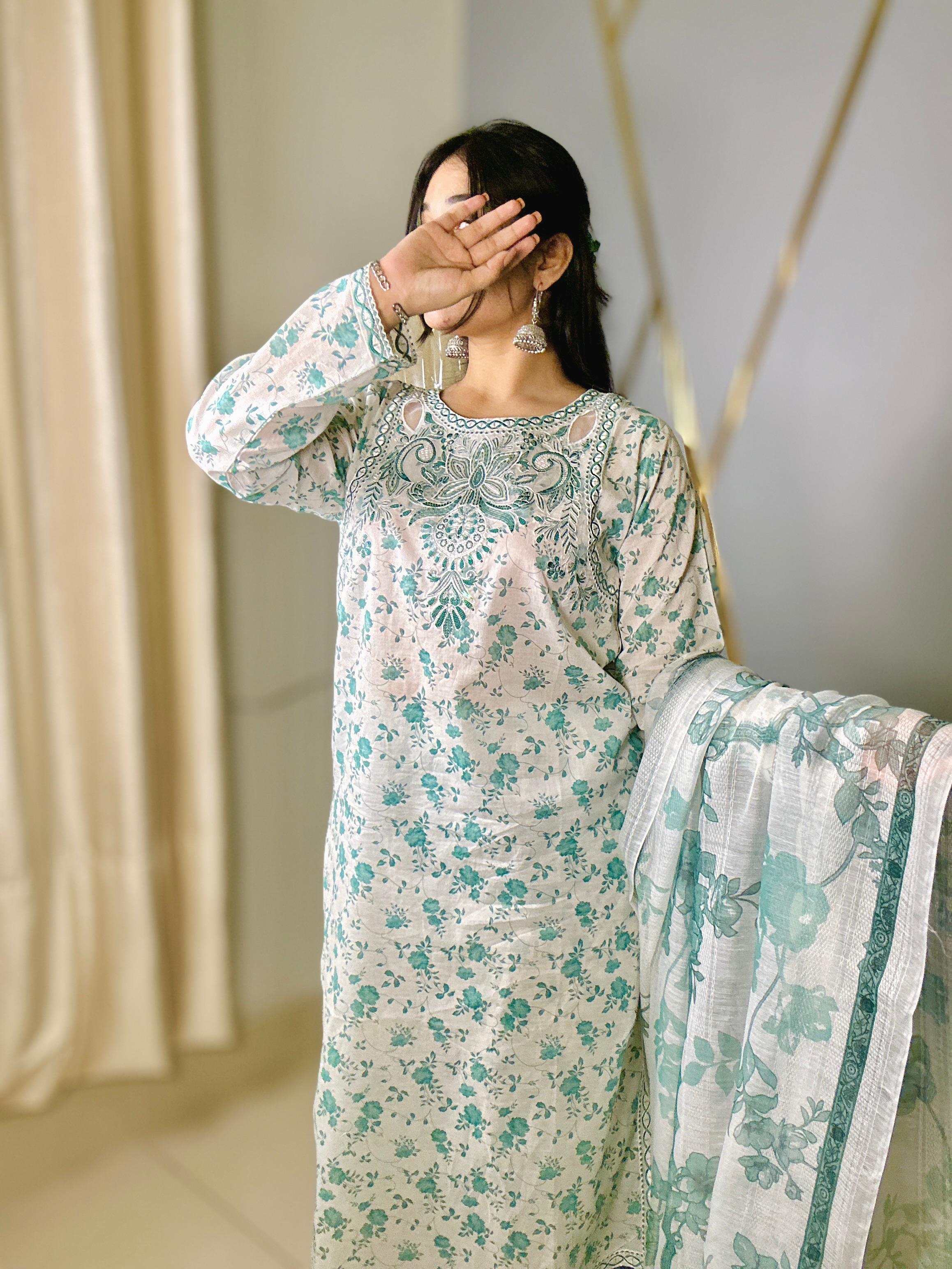 Luxury Lawn Cotton 3Pc Suit with Cut Shoulder Embroidered Neck & Manaar Dupatta