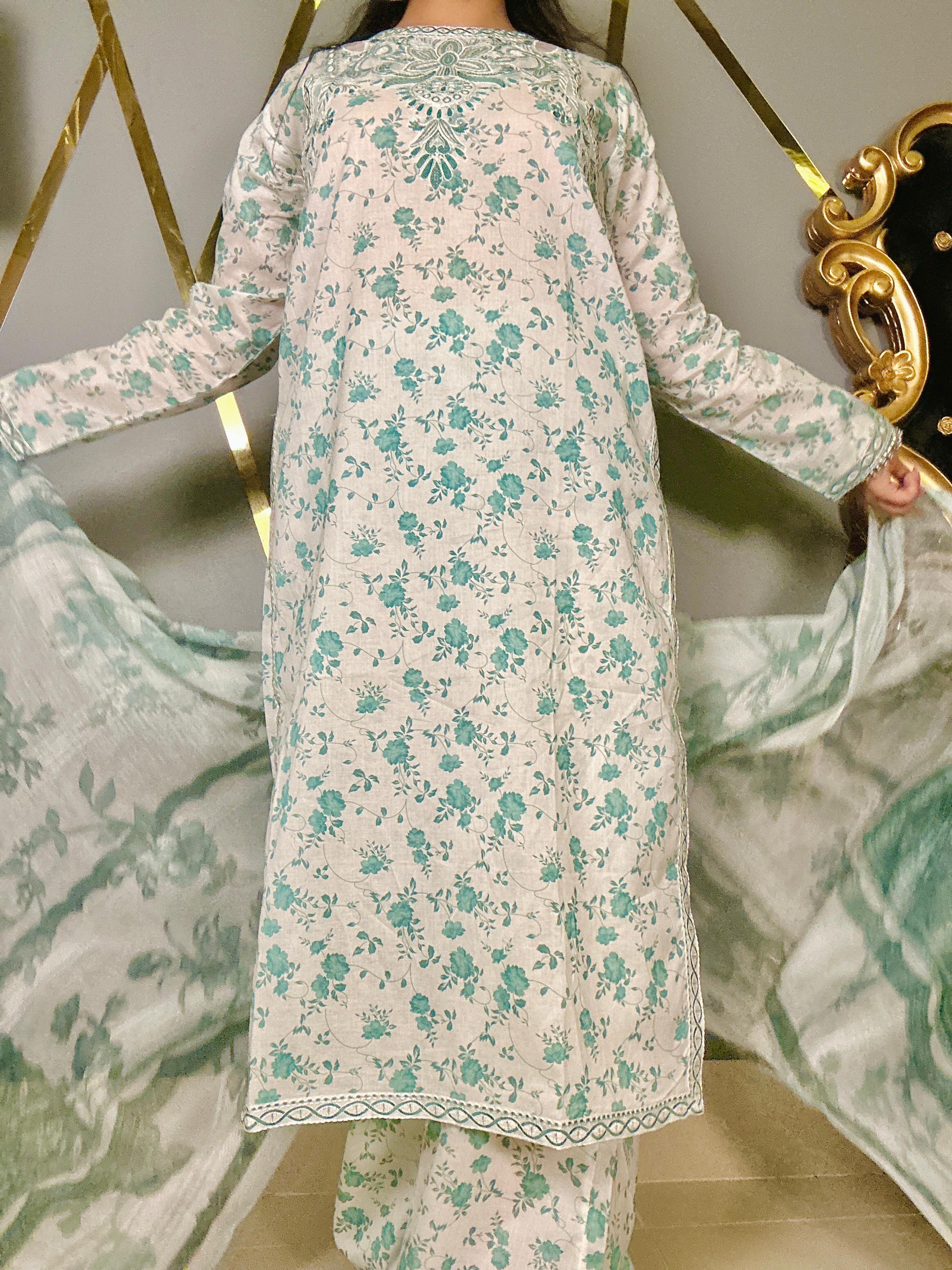 Luxury Lawn Cotton 3Pc Suit with Cut Shoulder Embroidered Neck & Manaar Dupatta