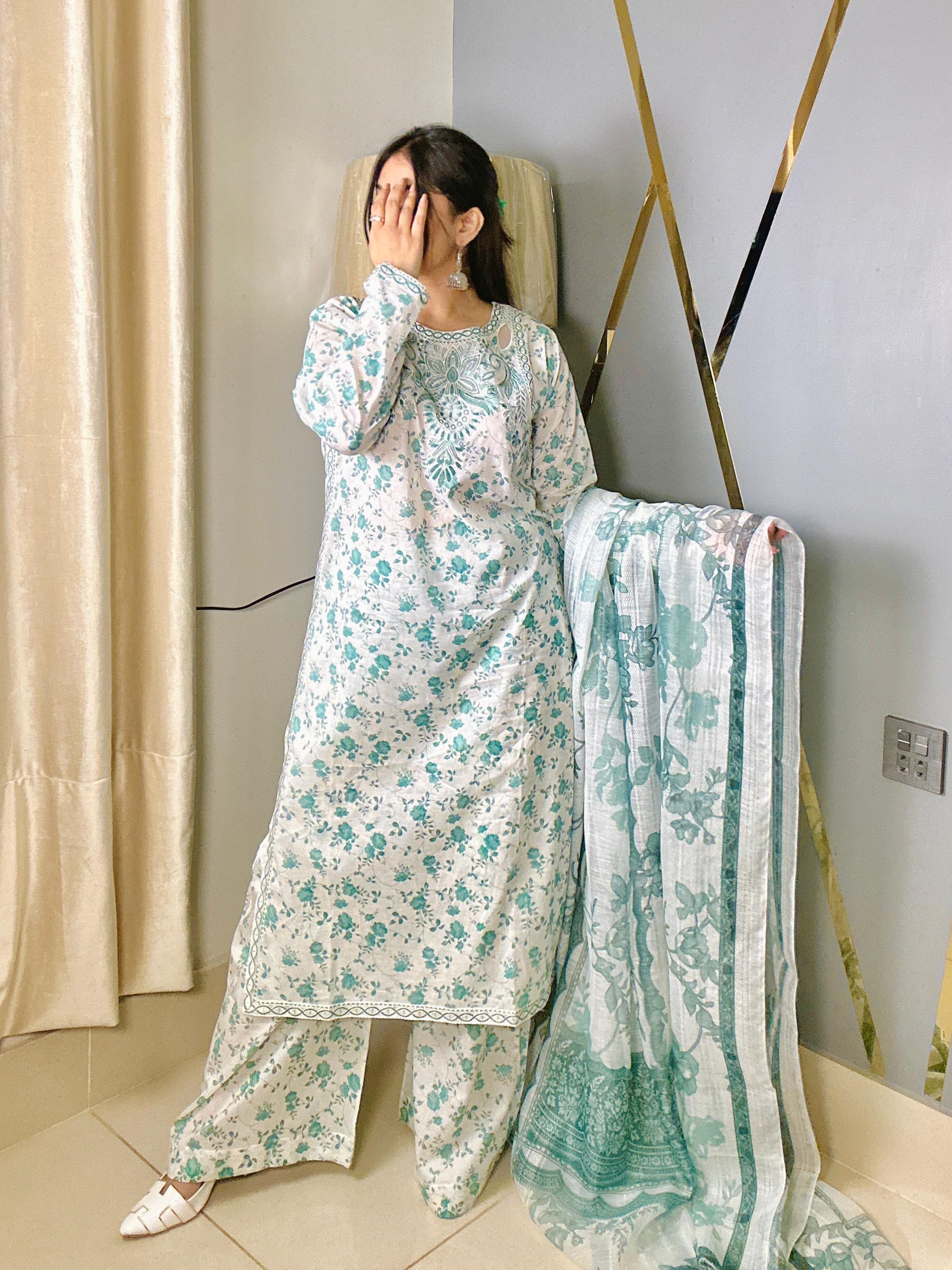 Luxury Lawn Cotton 3Pc Suit with Cut Shoulder Embroidered Neck & Manaar Dupatta