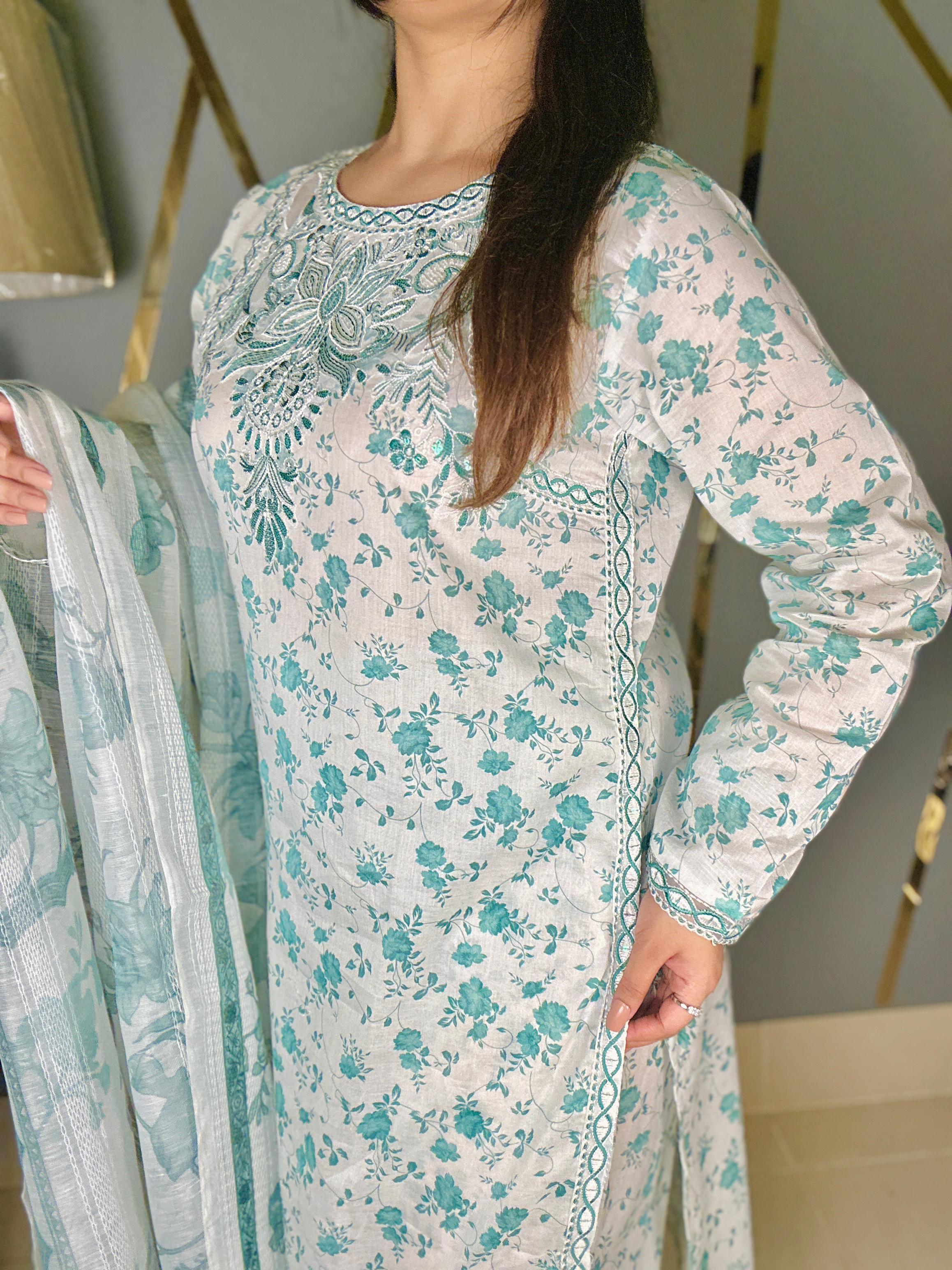 Luxury Lawn Cotton 3Pc Suit with Cut Shoulder Embroidered Neck & Manaar Dupatta