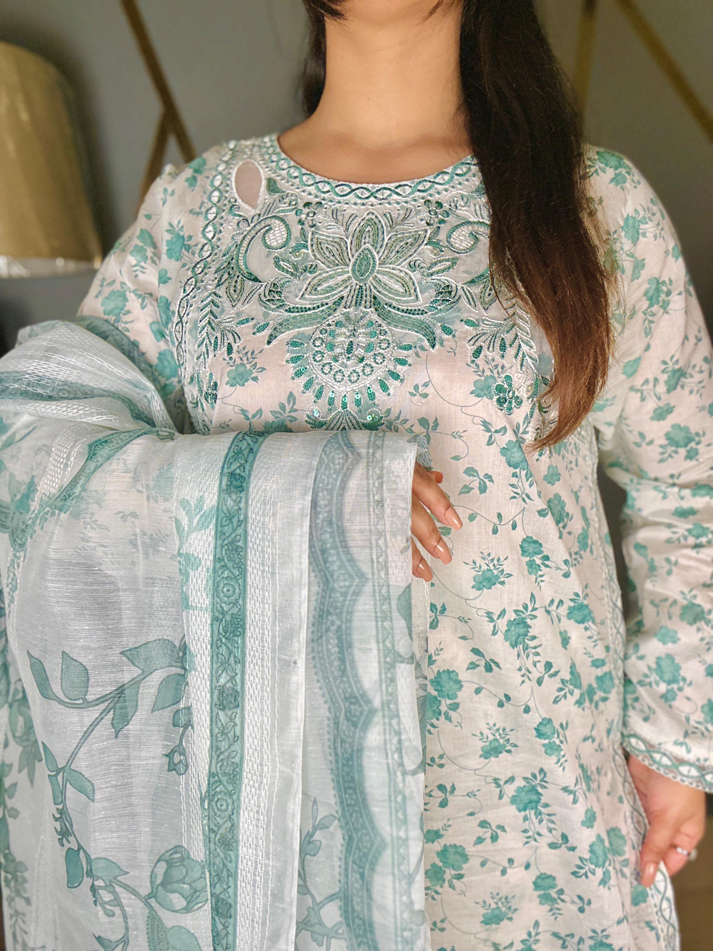 Luxury Lawn Cotton 3Pc Suit with Cut Shoulder Embroidered Neck & Manaar Dupatta