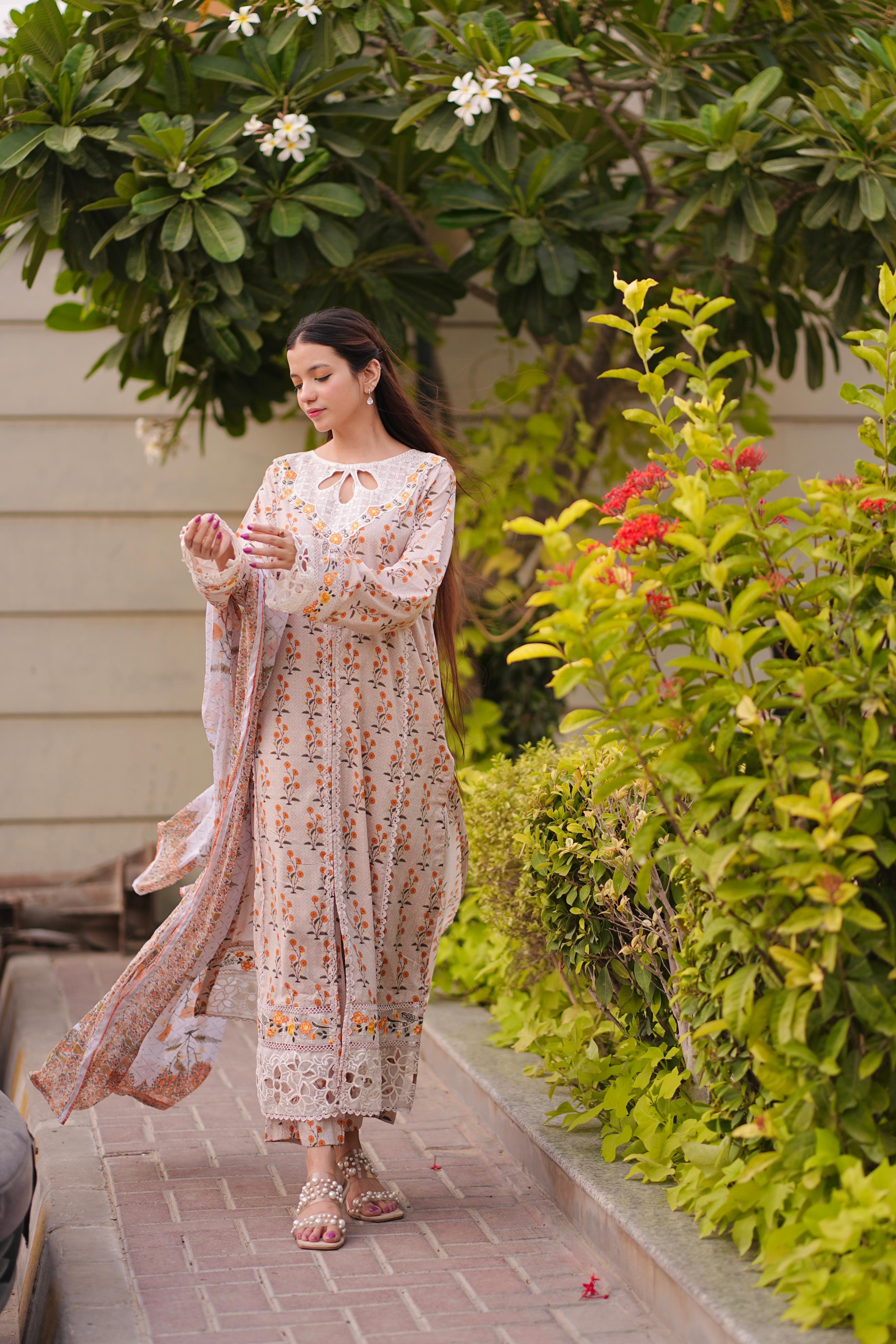 Front Open Embroidered Lawn 3Pc with Cutwork Neckline & Chiffon Dupatta