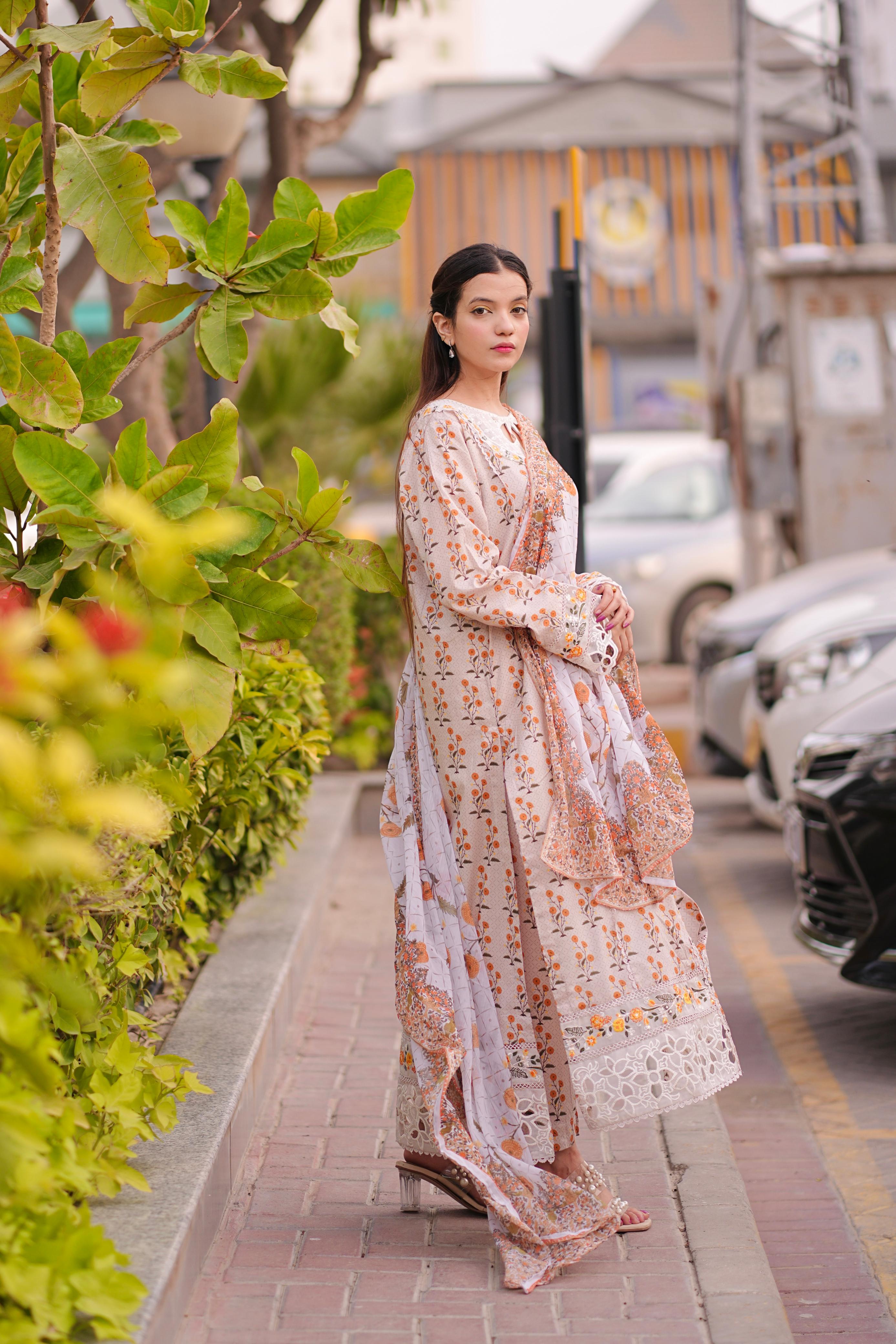 Front Open Embroidered Lawn 3Pc with Cutwork Neckline & Chiffon Dupatta