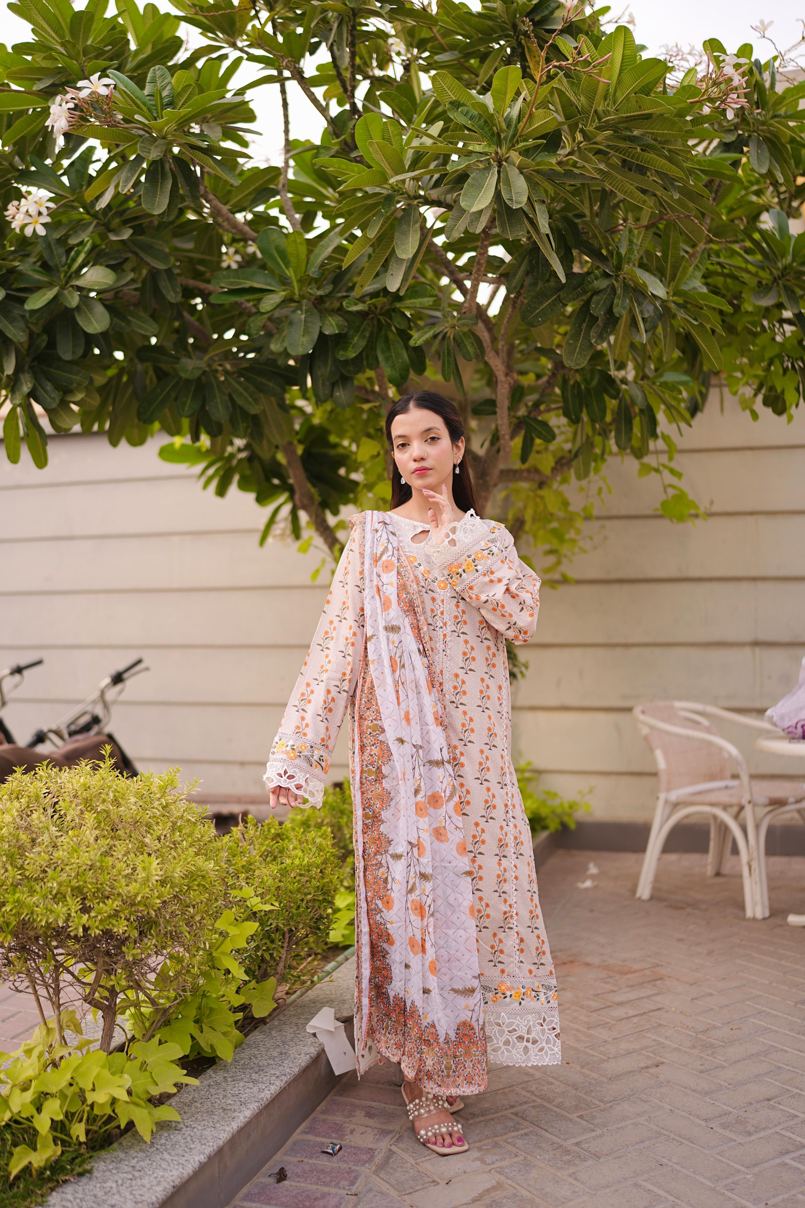 Front Open Embroidered Lawn 3Pc with Cutwork Neckline & Chiffon Dupatta